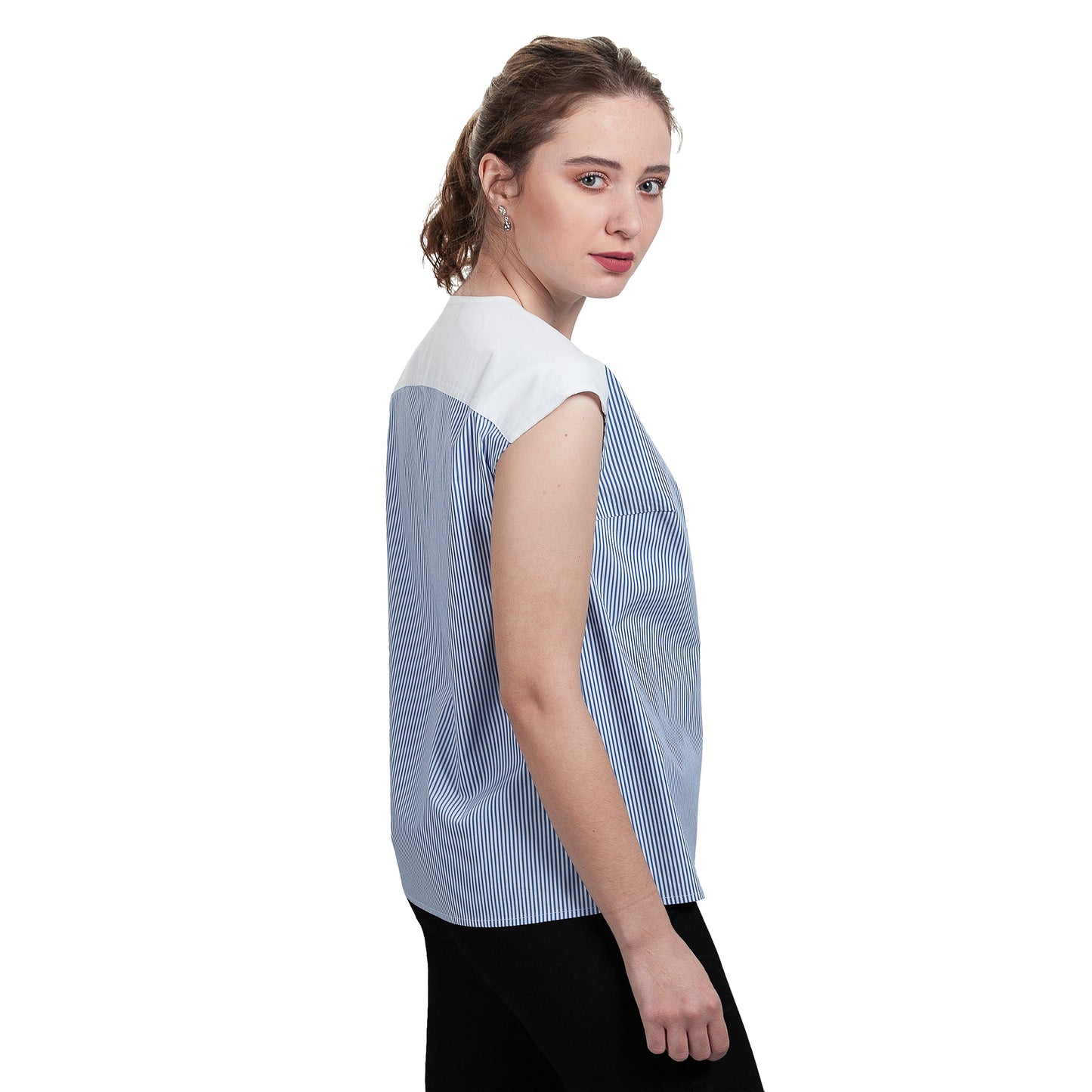 HALEY Notch Bib Popover - Cobalt Stripe with White Texture