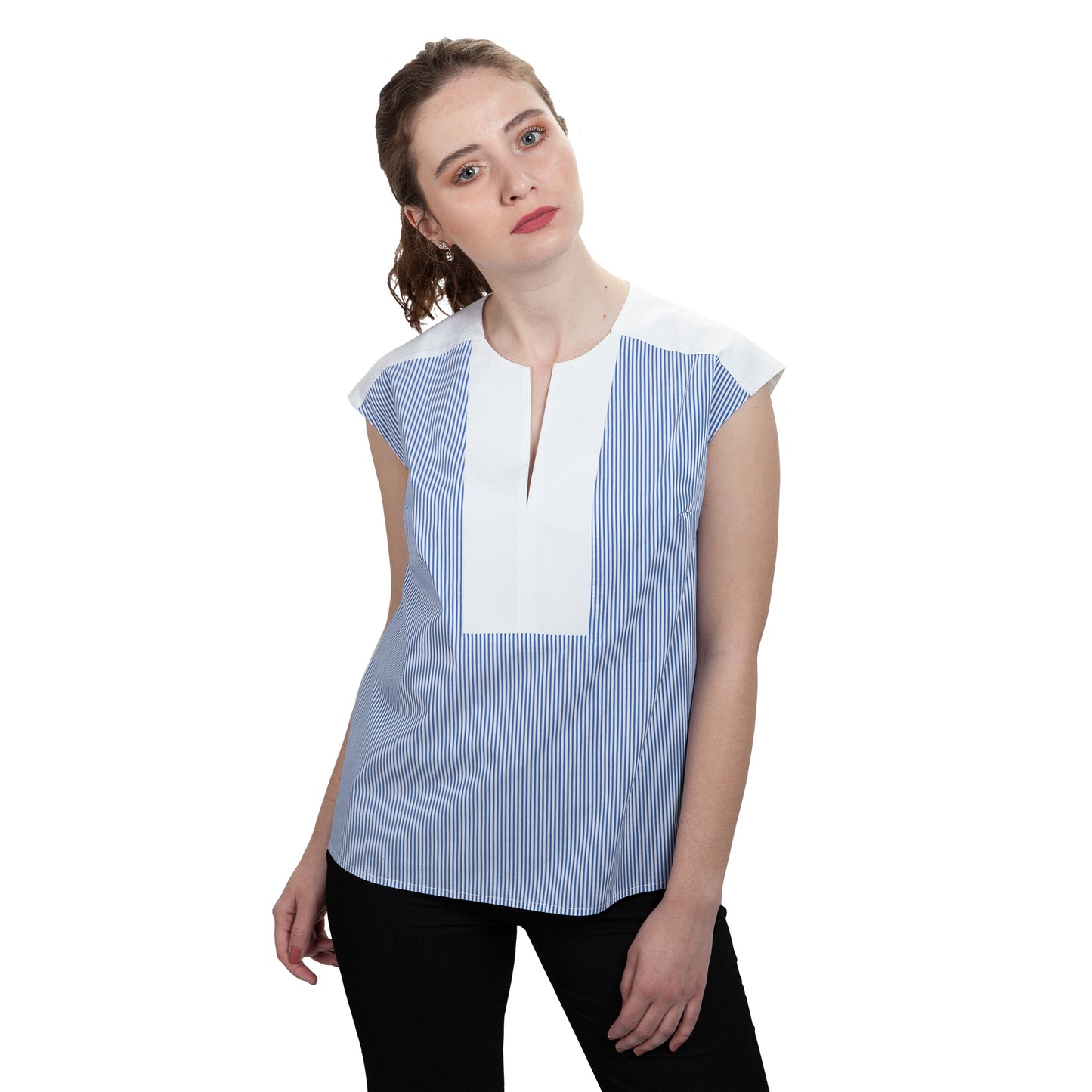 JNK HALEY  Notch Bib Popover - Cyan Stripe with White Texture