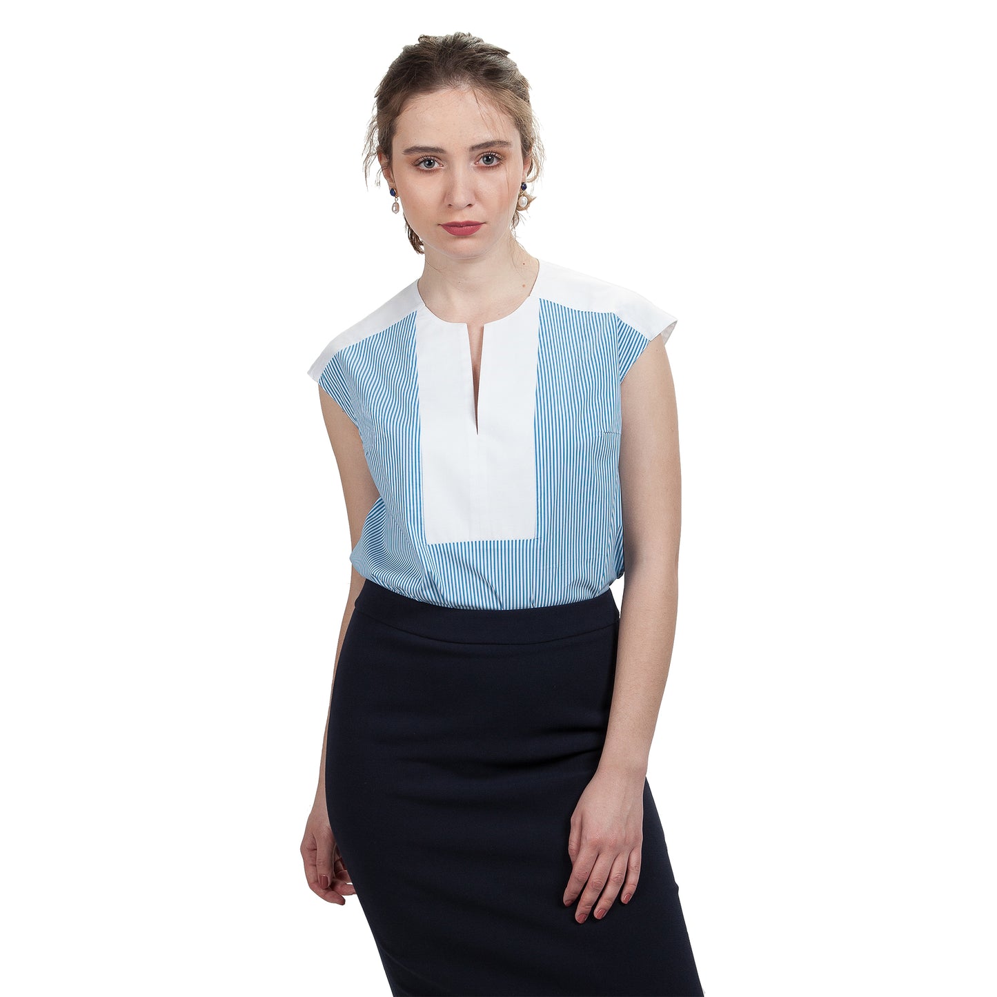 JNK HALEY  Notch Bib Popover - Cyan Stripe with White Texture