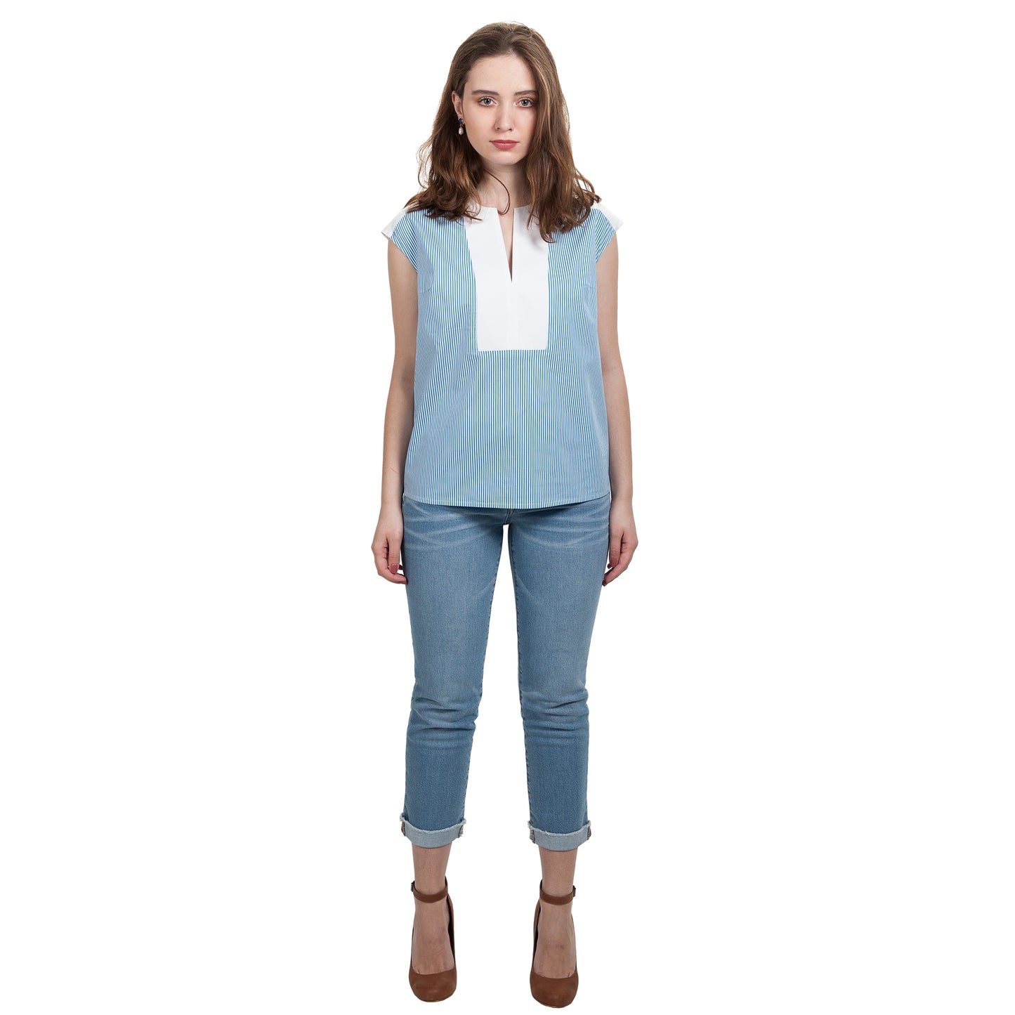 JNK HALEY Notch Bib Popover - Cyan Stripe with White Texture