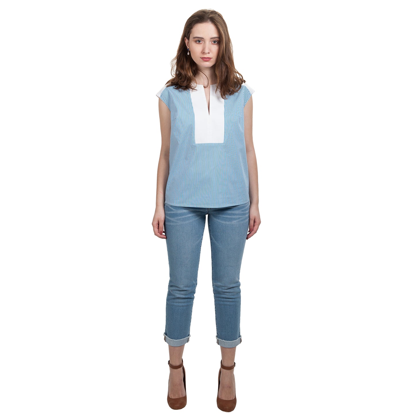 JNK HALEY  Notch Bib Popover - Cyan Stripe with White Texture