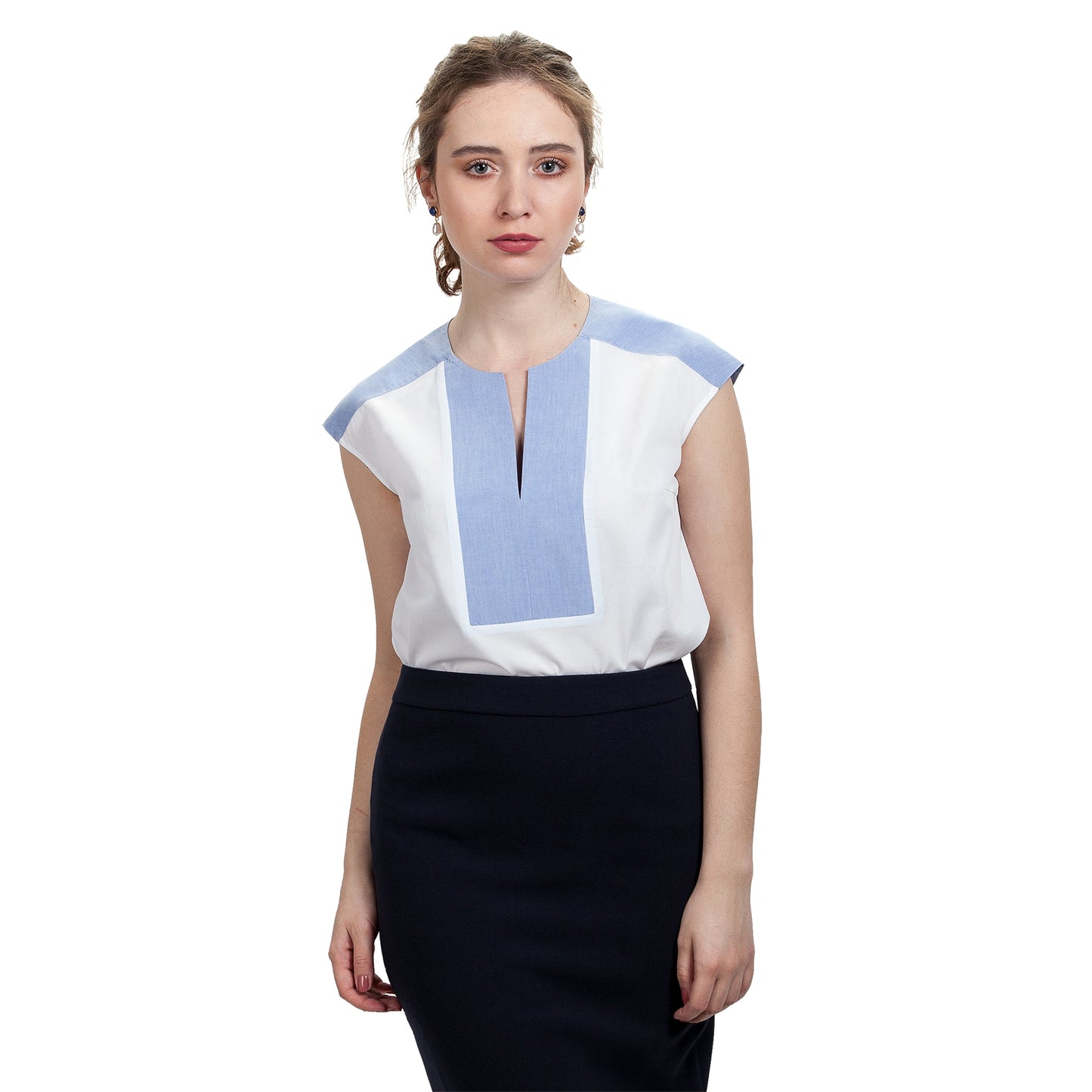 JNK HALEY  Notch Bib Popover - White Texture with Cool Blue