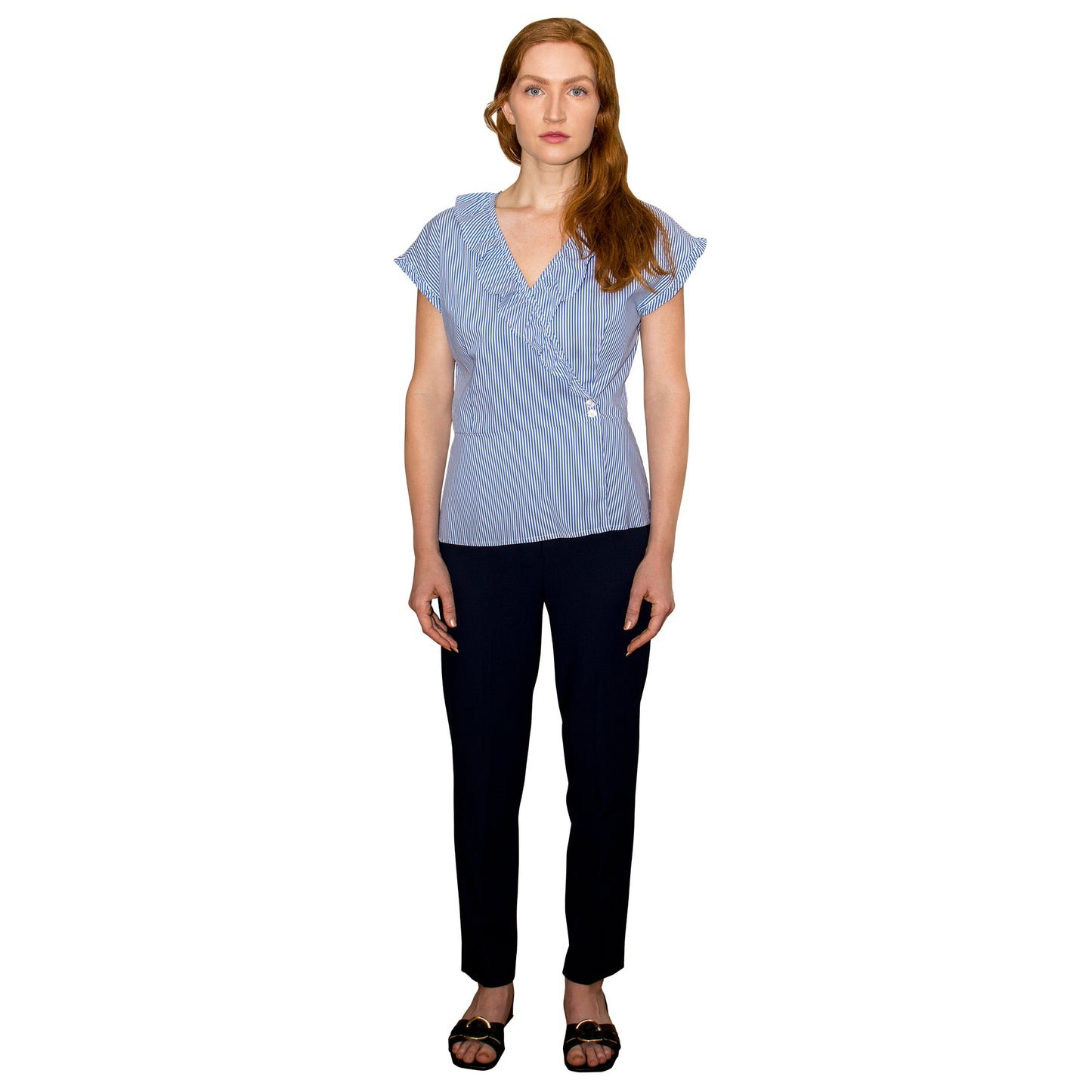 JNK LILY Ruffle Wrap Top - Cobalt Stripe Poplin