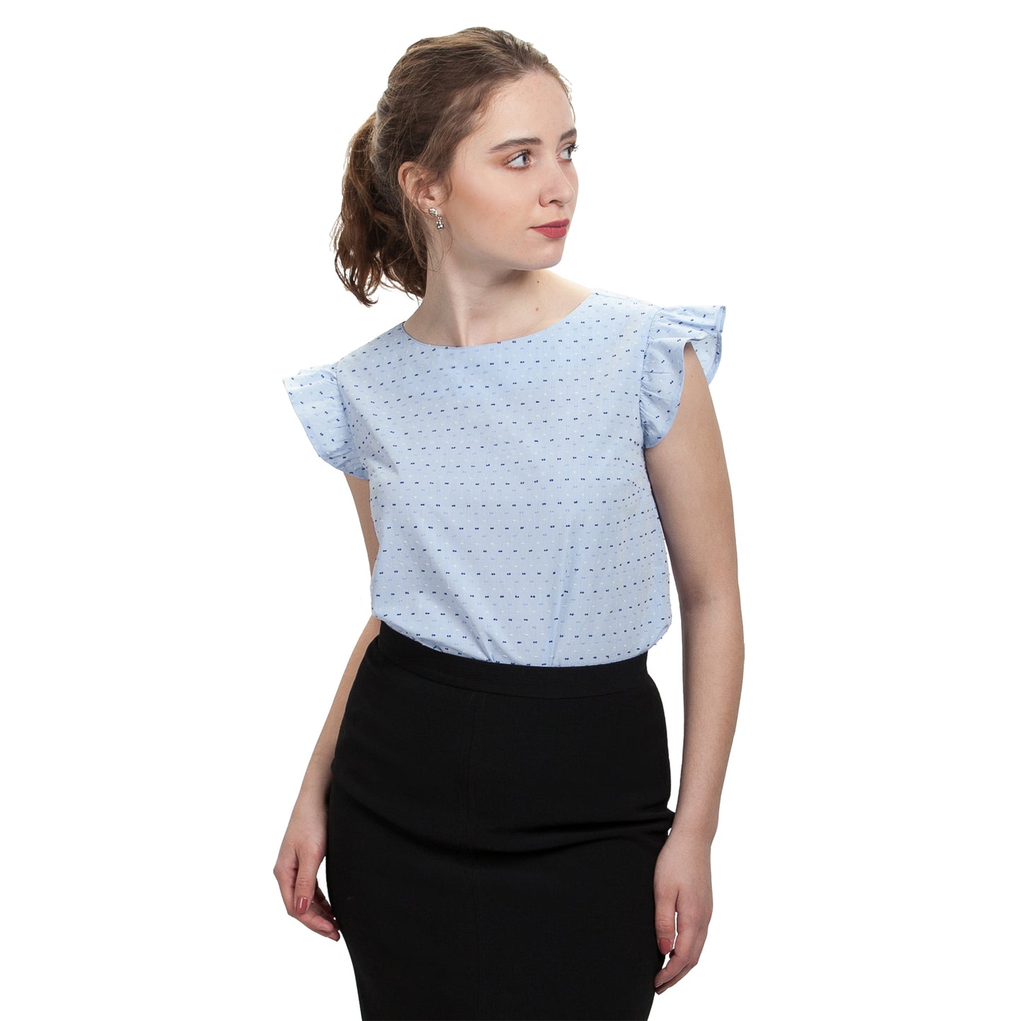 JNK  IRIS  Ruffle Sleeve Top - Sky Blue Clip Dot