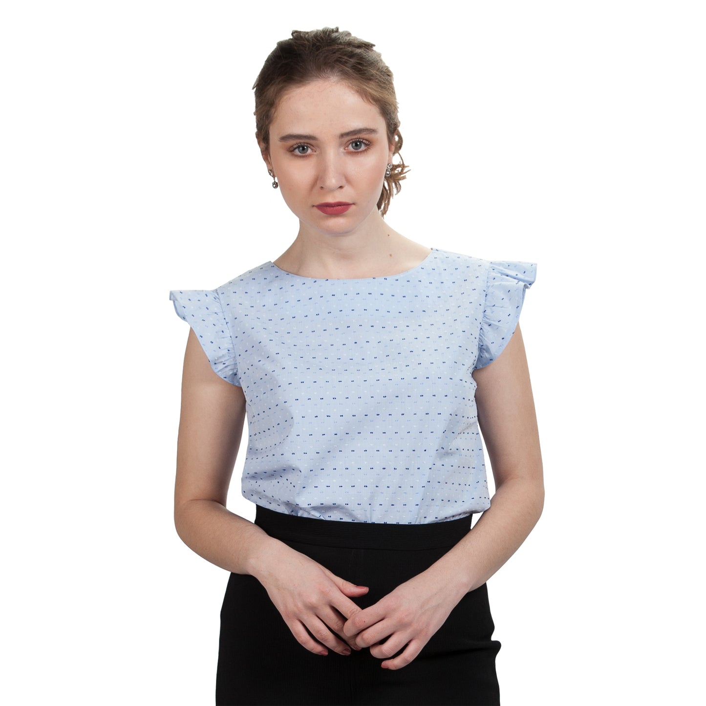 JNK IRIS Ruffle Sleeve Top - Sky Blue Clip Dot