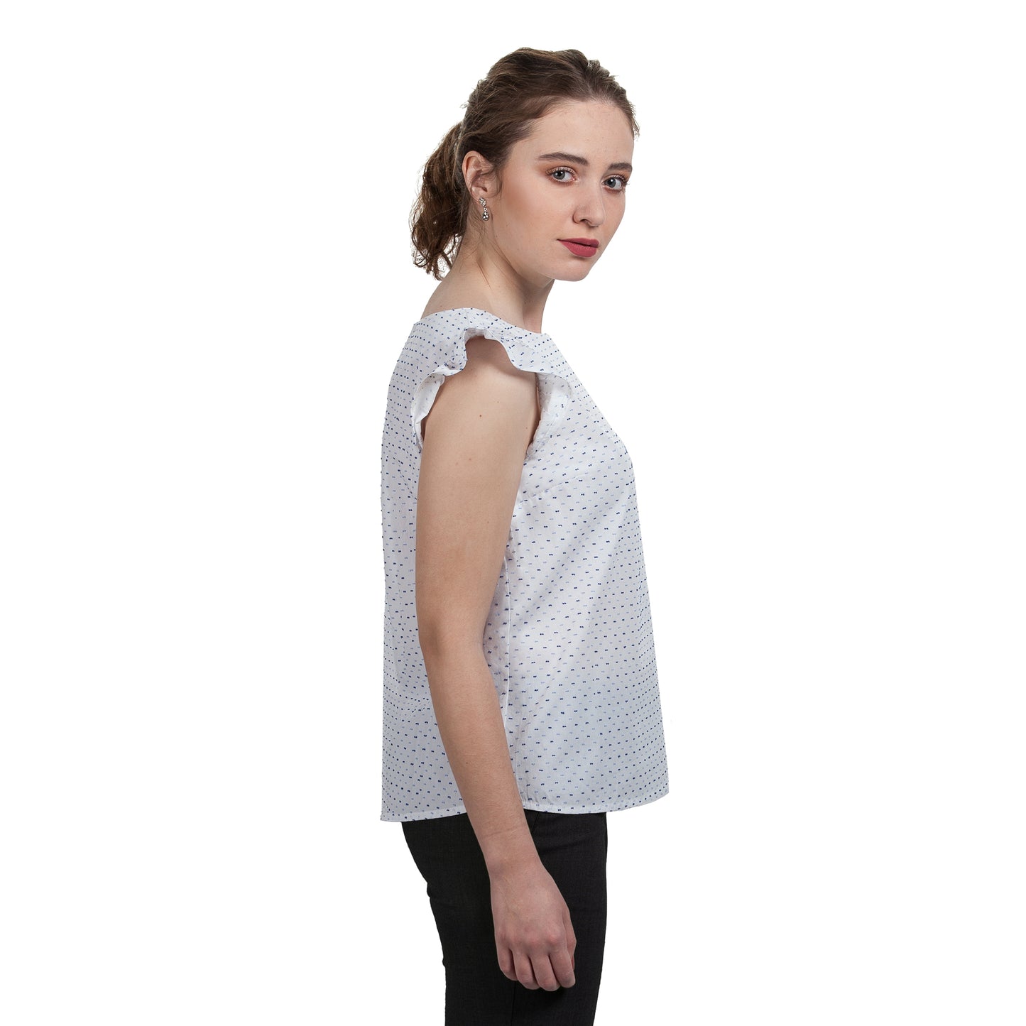 JNK  IRIS  Ruffle Sleeve Top - White Clip Dot