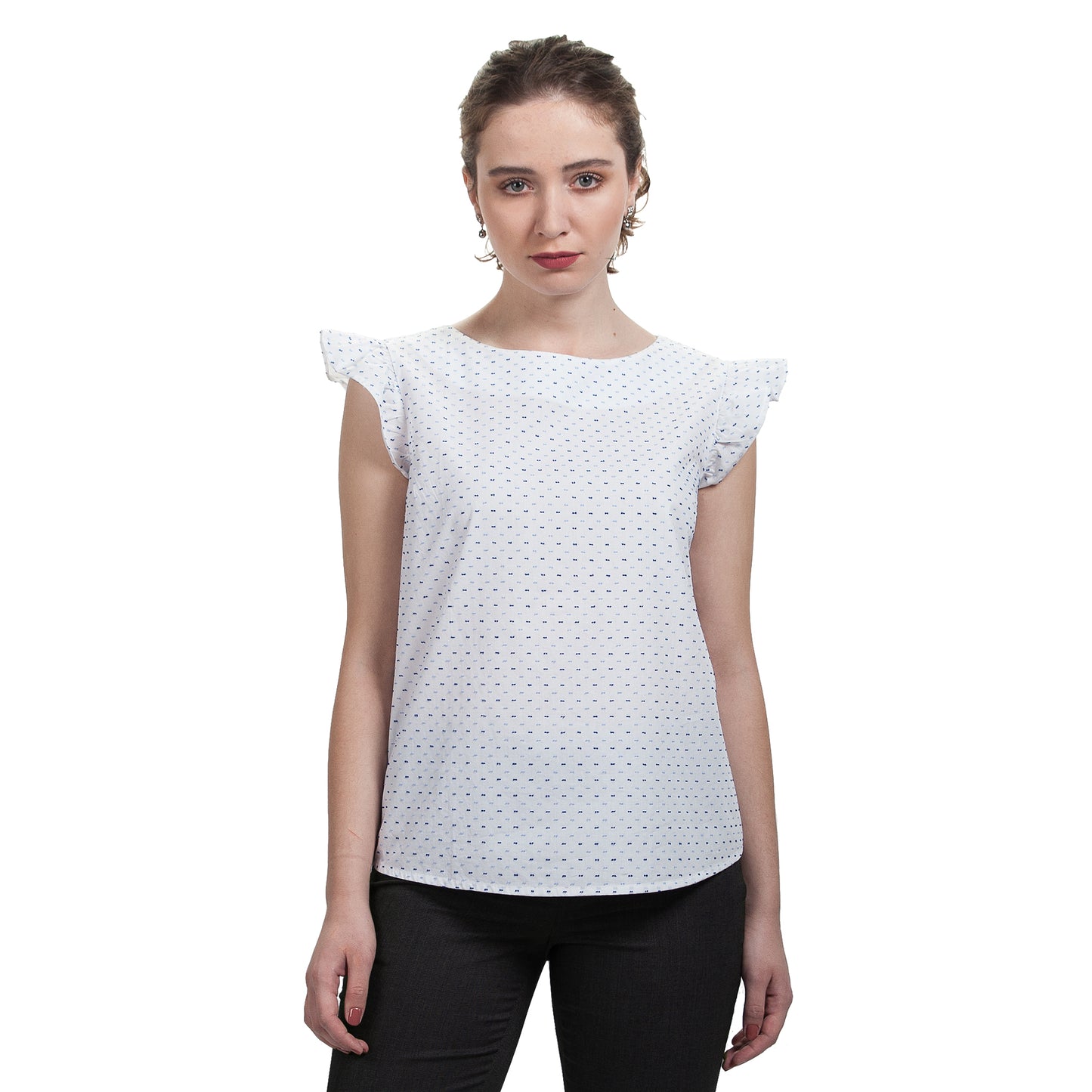 JNK  IRIS  Ruffle Sleeve Top - White Clip Dot