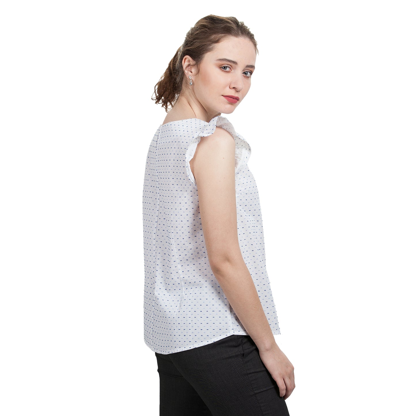 JNK  IRIS  Ruffle Sleeve Top - White Clip Dot