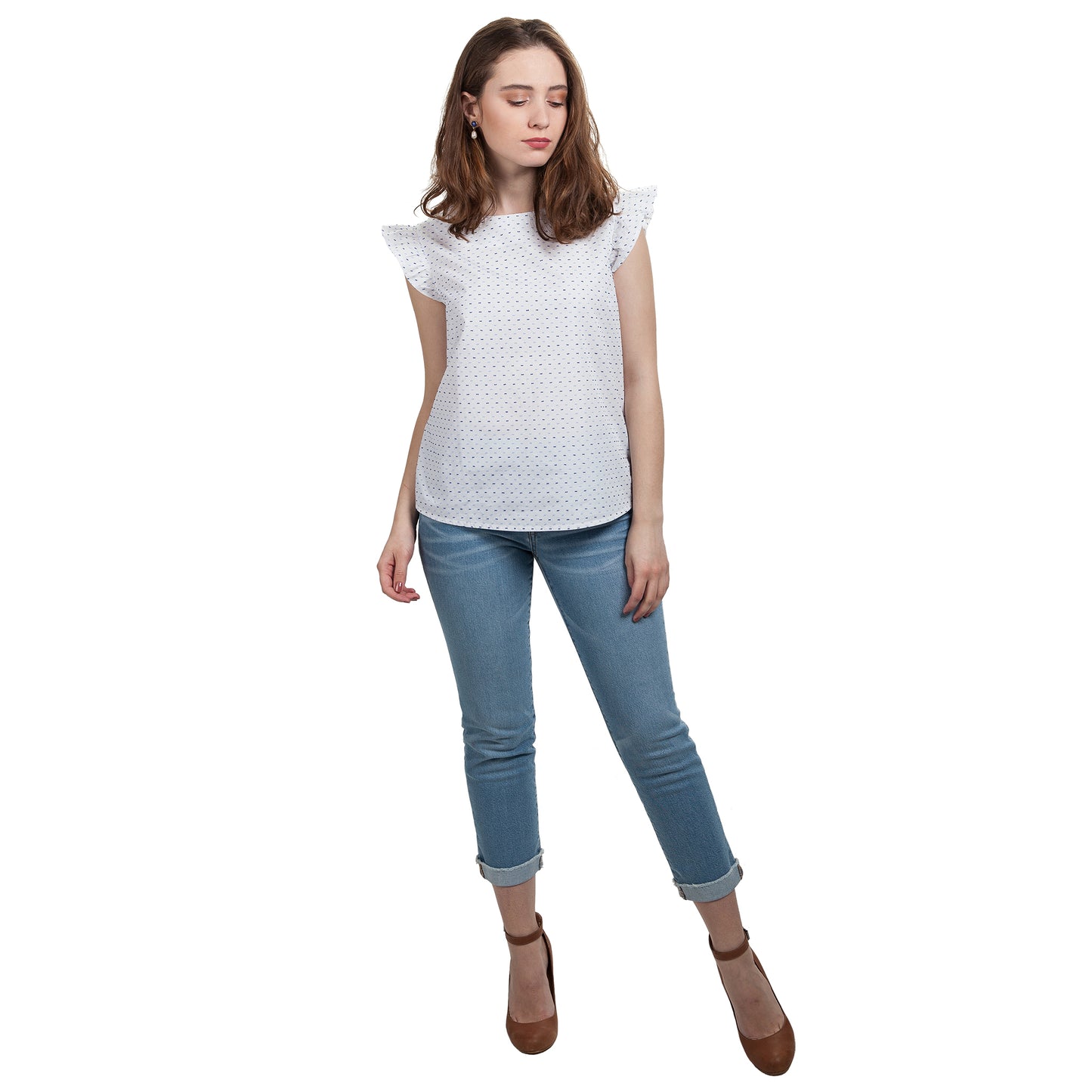 JNK IRIS Ruffle Sleeve Top - White Clip Dot