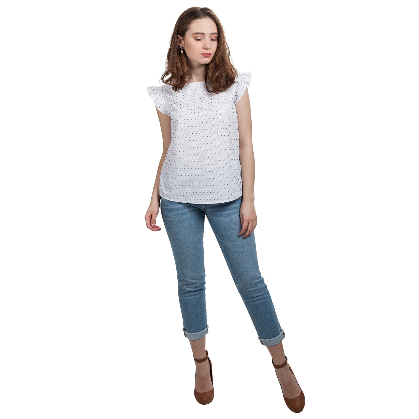 JNK  IRIS  Ruffle Sleeve Top - White Clip Dot