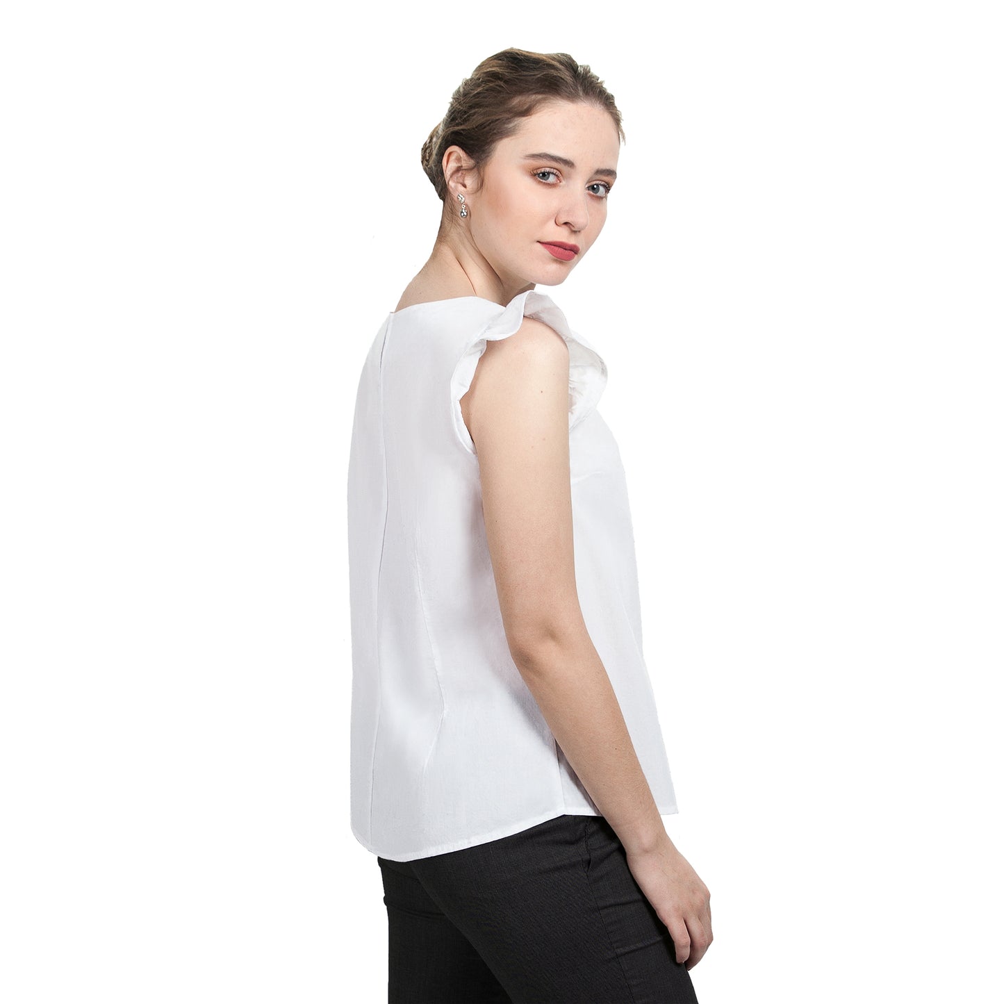 JNK  IRIS  Ruffle Sleeve Top - White Texture Dobby