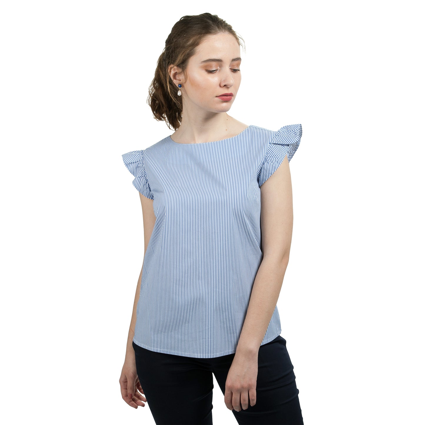 JNK IRIS Ruffle Sleeve Top - Cobalt Blue Skinny Stripe
