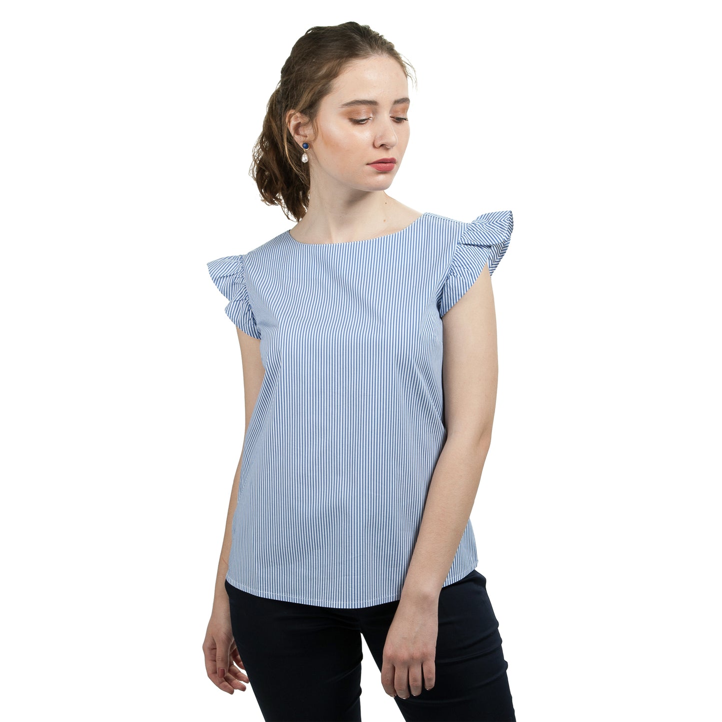 JNK  IRIS  Ruffle Sleeve Top - Cyan Blue Skinny Stripe