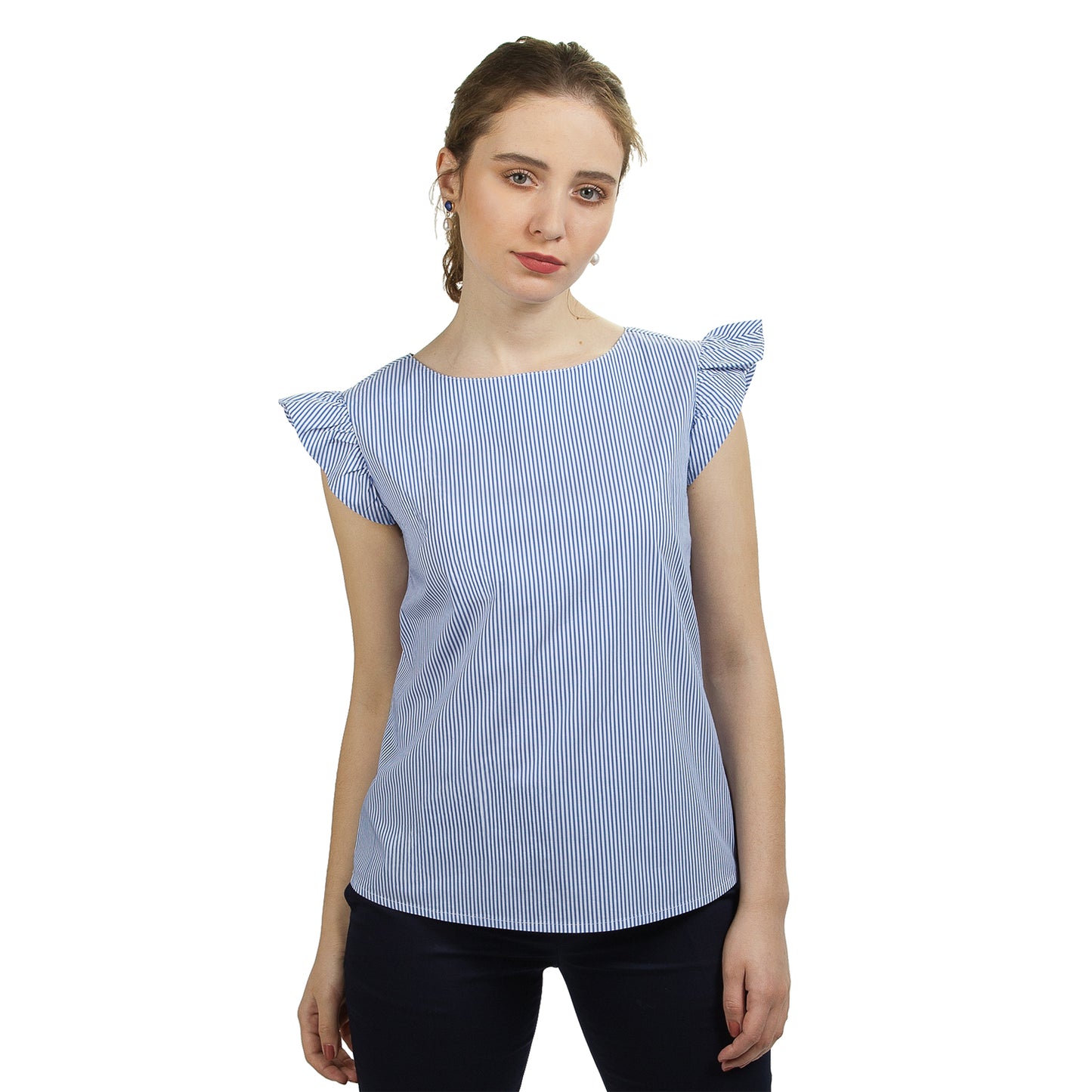 JNK IRIS Ruffle Sleeve Top - Cobalt Blue Skinny Stripe