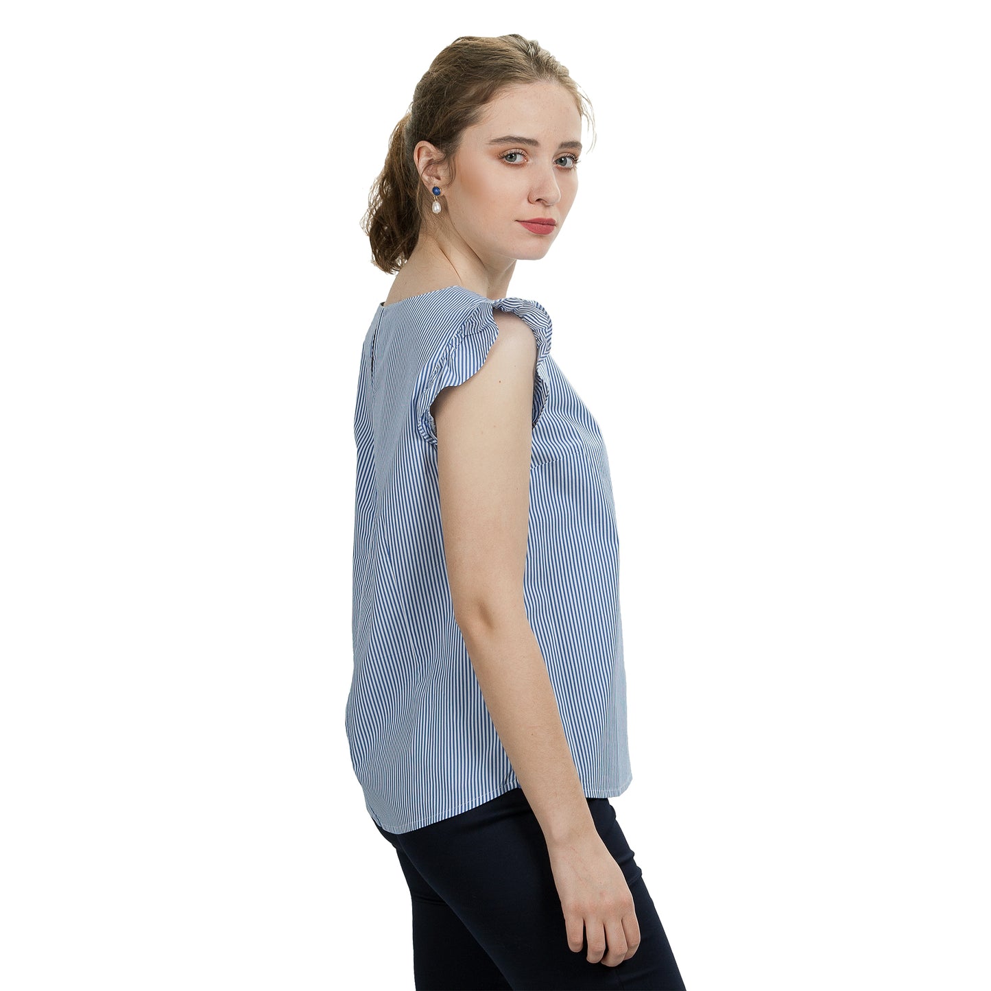 JNK IRIS Ruffle Sleeve Top - Cobalt Blue Skinny Stripe