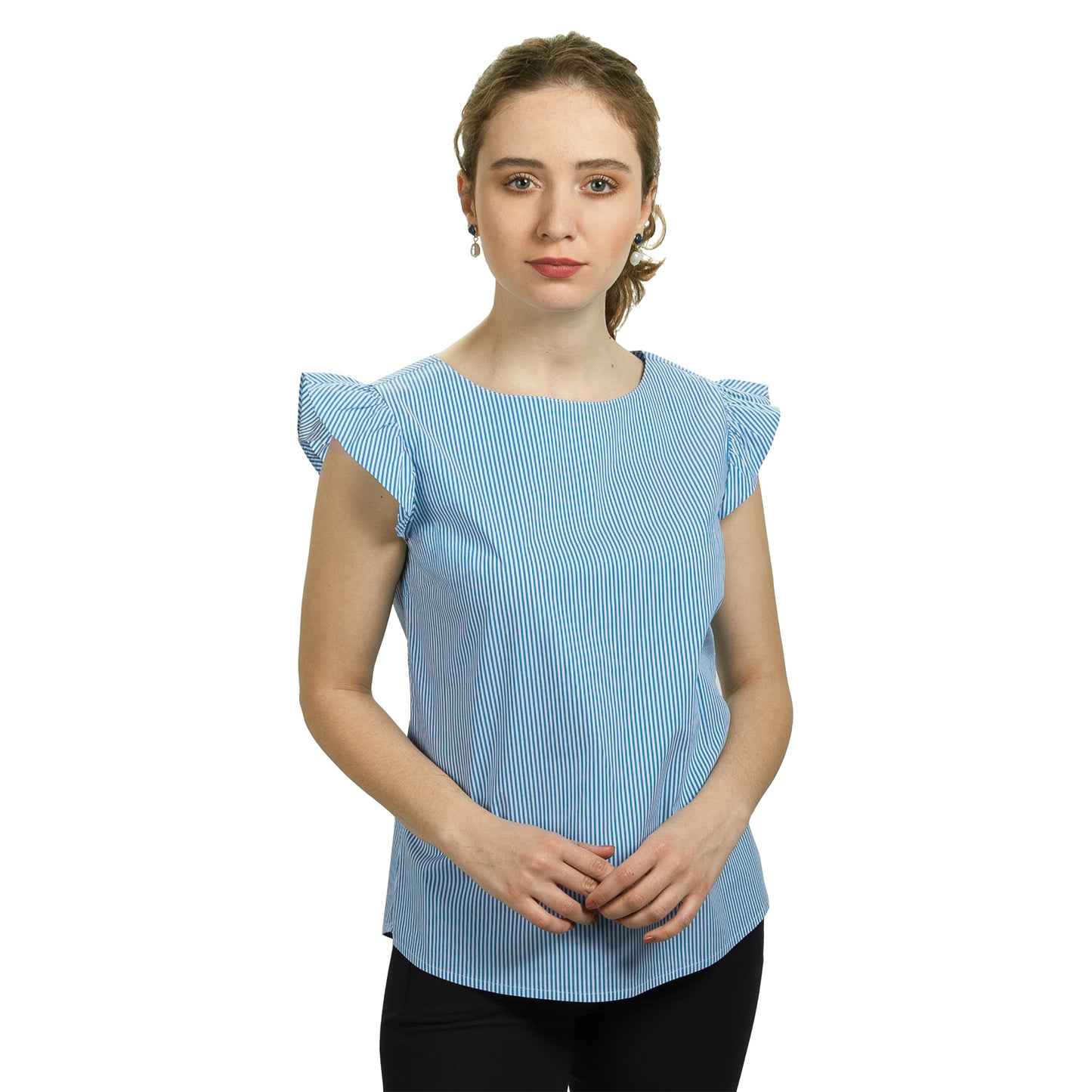 JNK IRIS Ruffle Sleeve Top - Cyan Blue Skinny Stripe
