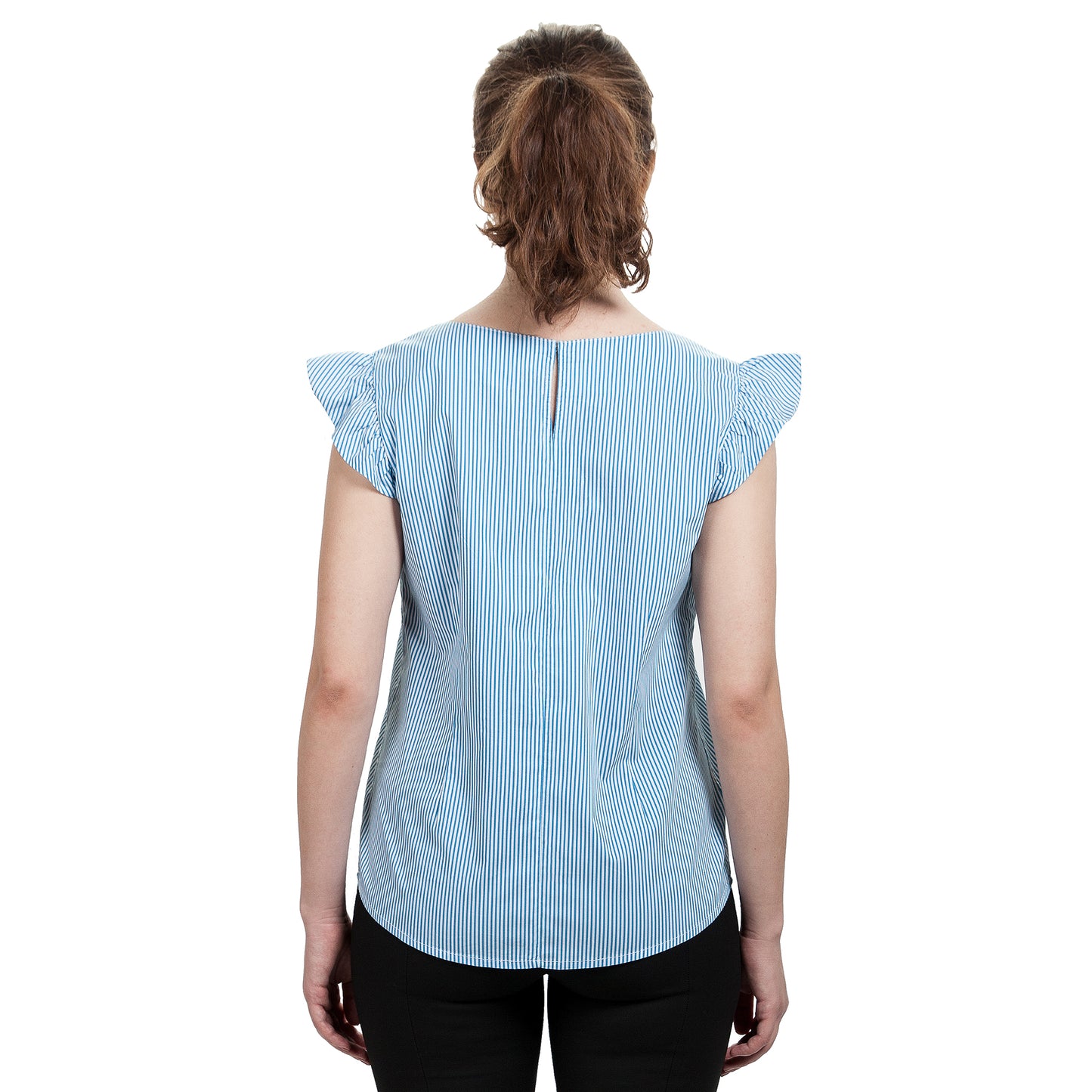 JNK IRIS Ruffle Sleeve Top - Cyan Blue Skinny Stripe