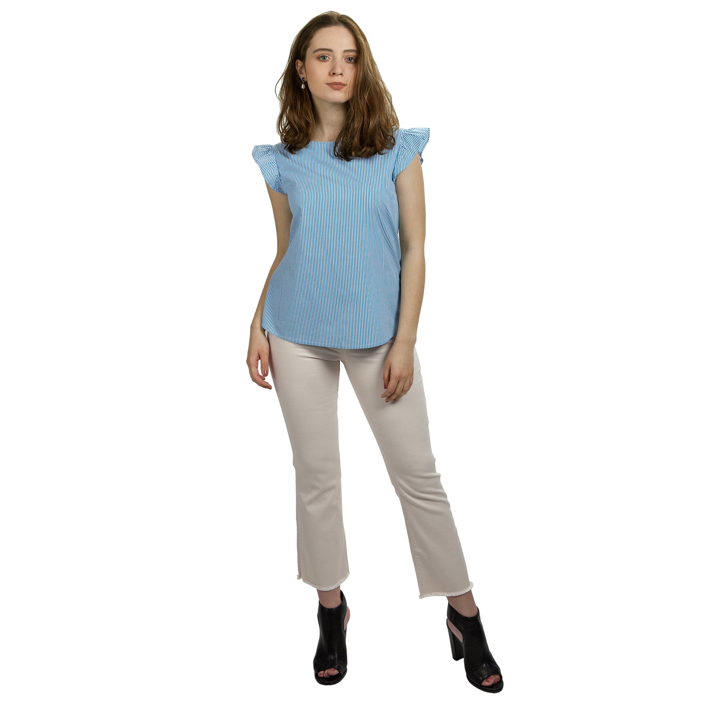 JNK  IRIS  Ruffle Sleeve Top - Cyan Blue Skinny Stripe