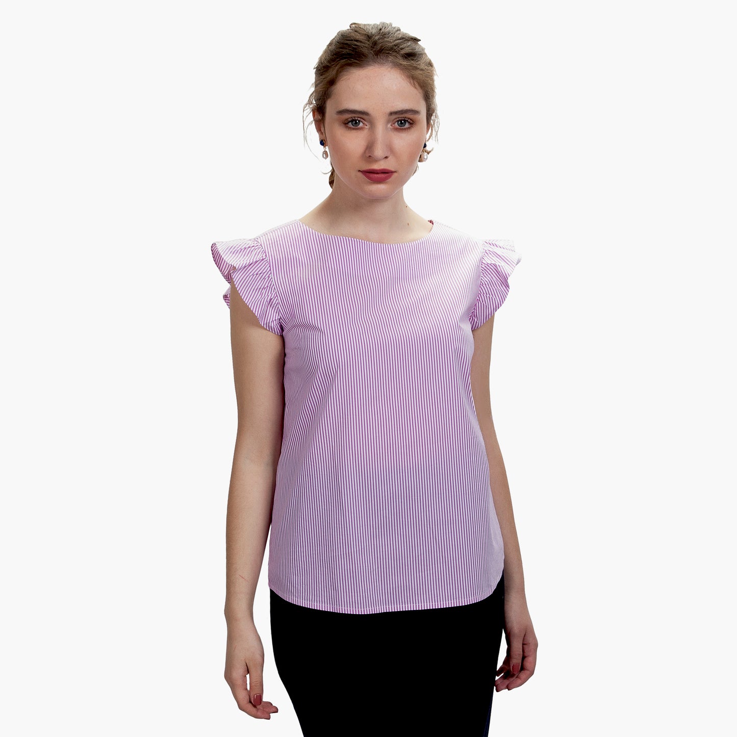 JNK IRIS Ruffle Sleeve Top - Cyan Blue Skinny Stripe