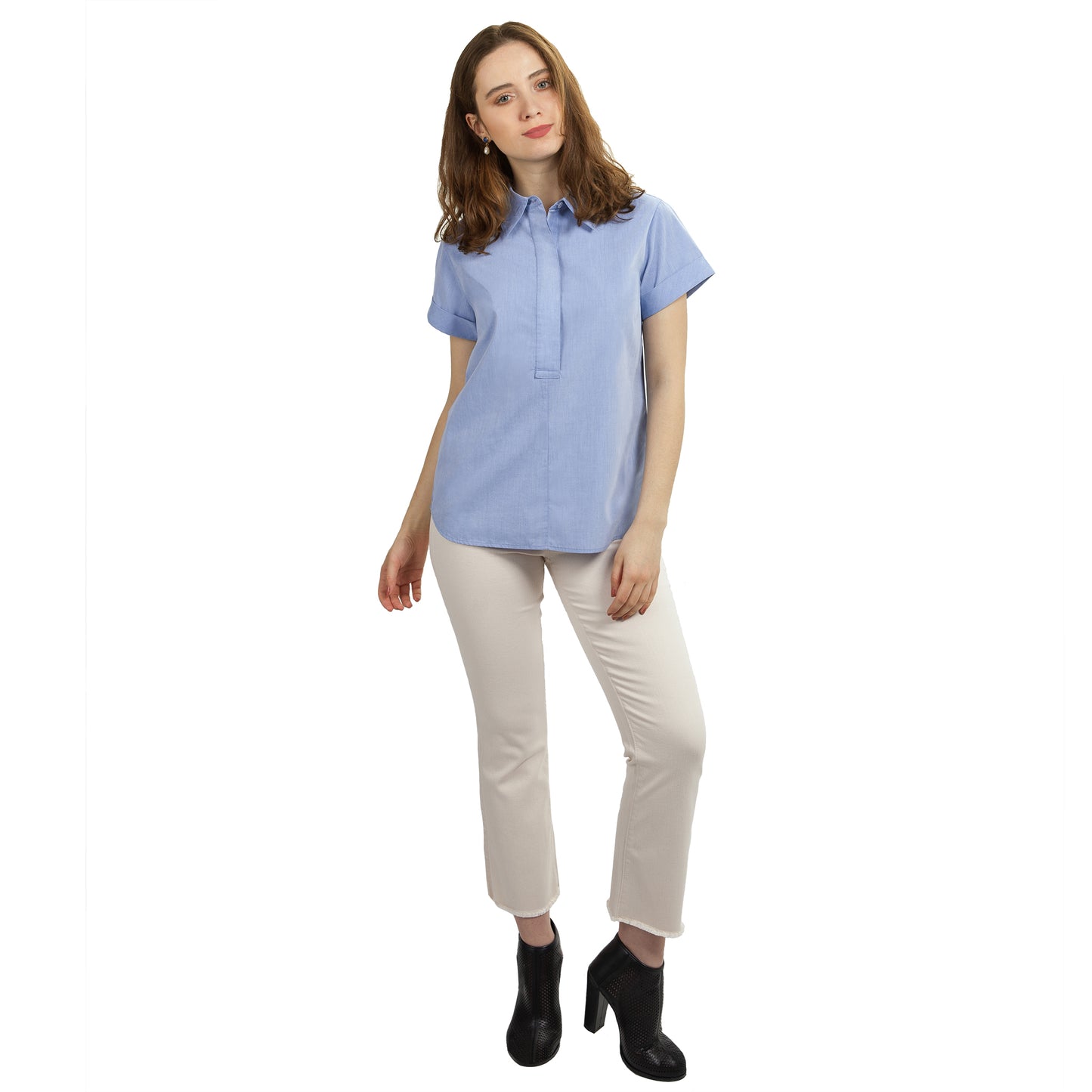 JNK DYLAN Cuffed Short Sleeve Popover - Cool Blue Poplin
