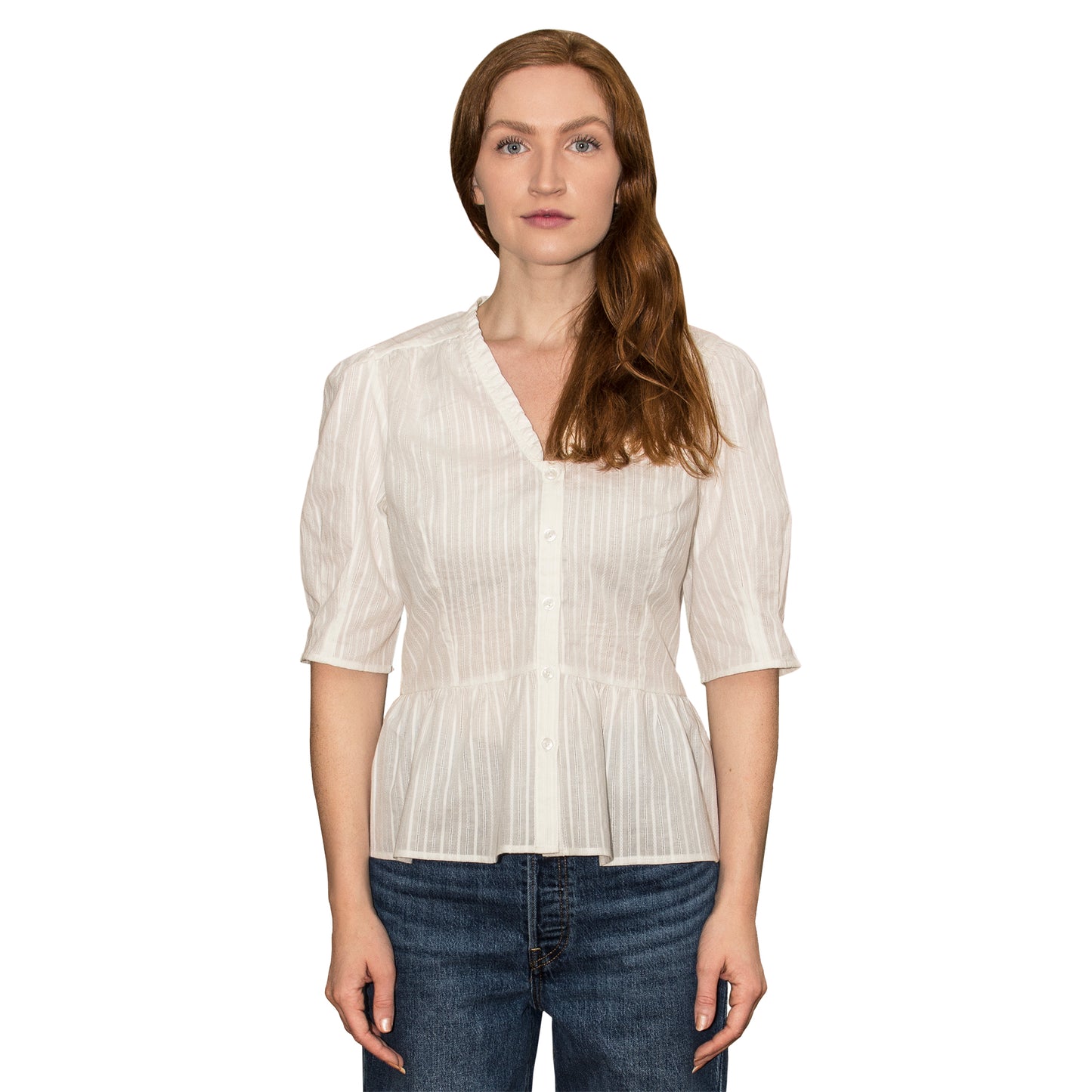 JNK HANNAH V-Neck Peplum Blouse - White Jacquard Stripe