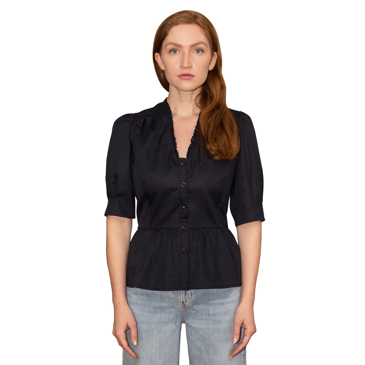 JNK HANNAH V-Neck Peplum Blouse - Navy Liberty Floral Print Poplin Sateen