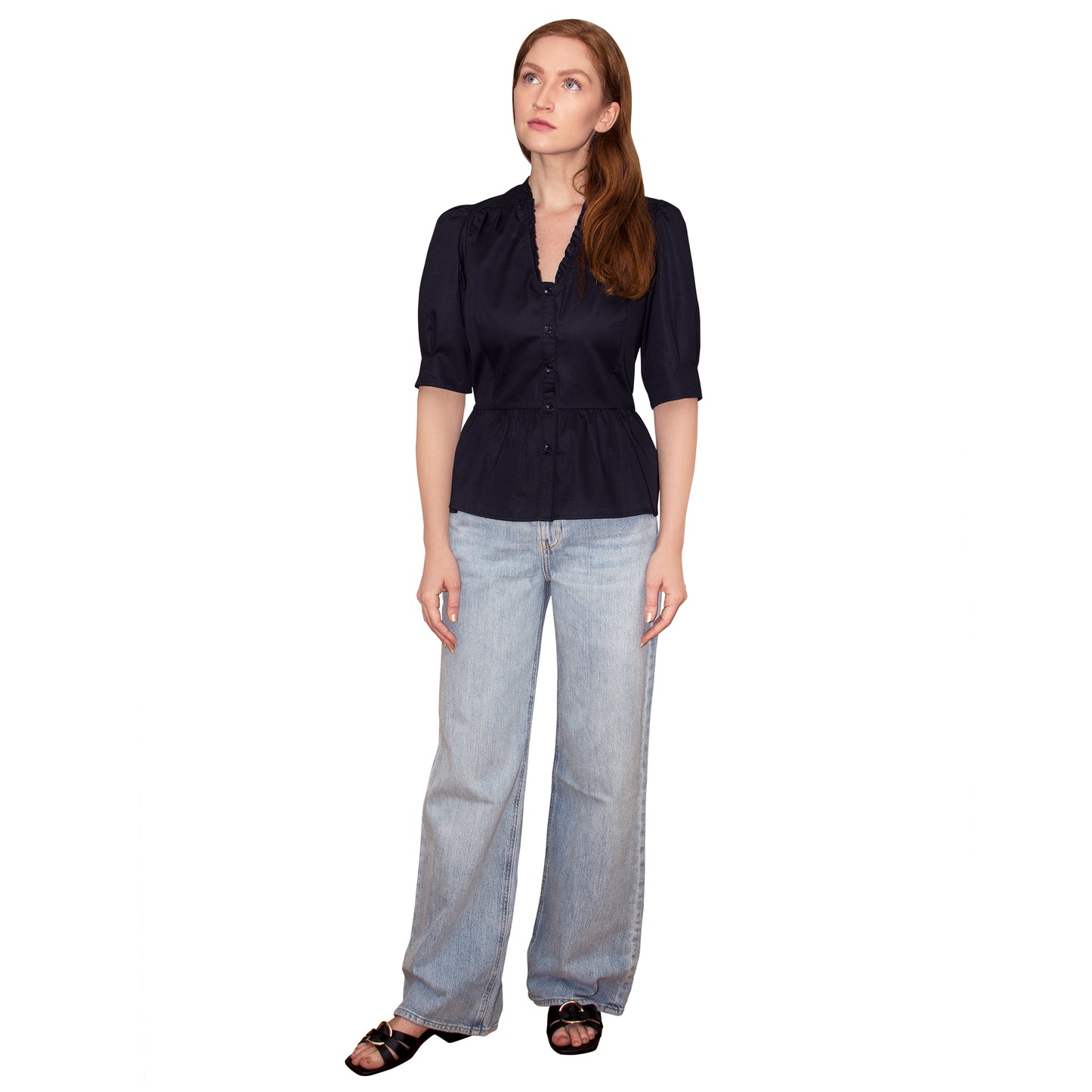 JNK HANNAH V-Neck Peplum Blouse - Black Poplin Sateen