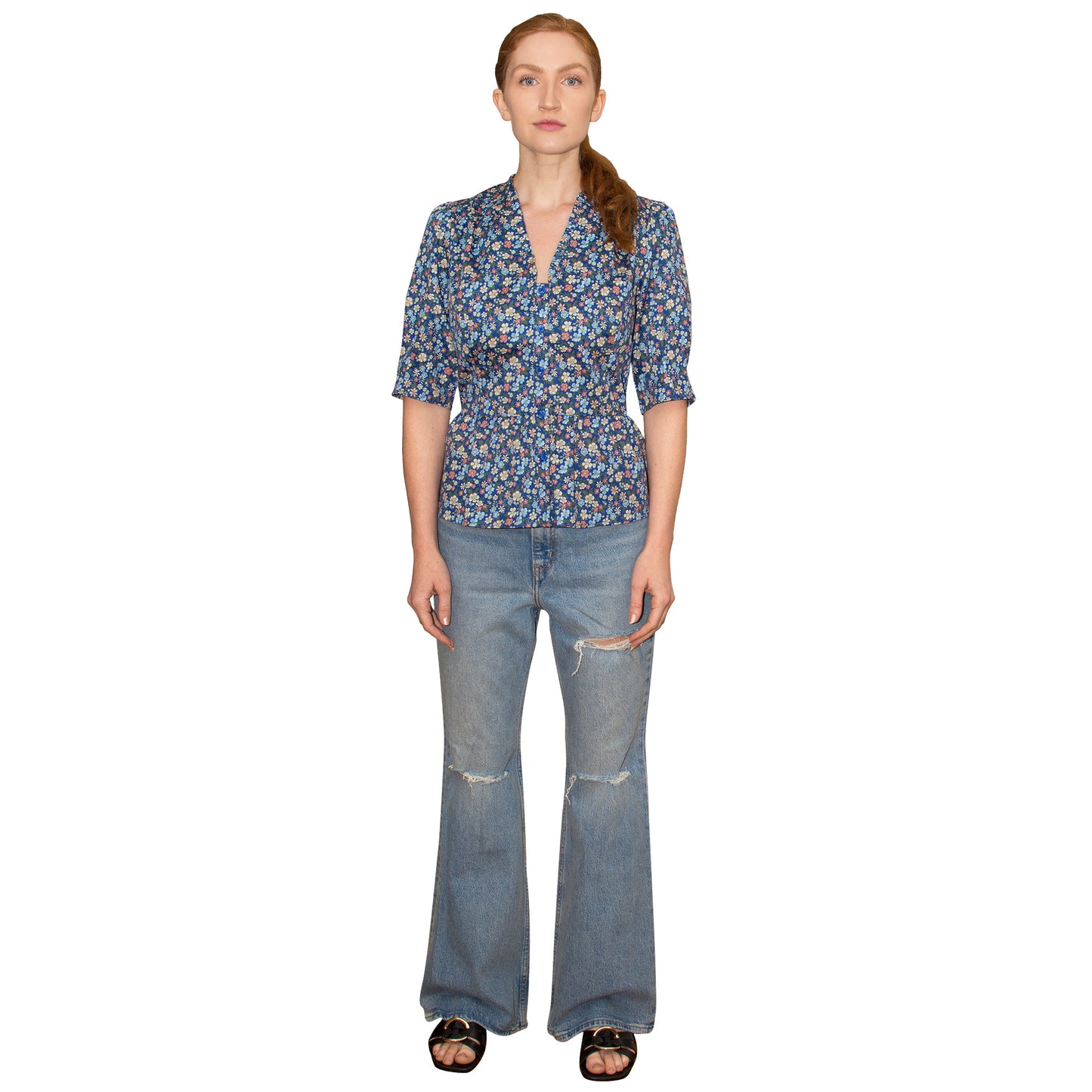 JNK HANNAH V-Neck Peplum Blouse - Navy Liberty Floral Print Poplin Sateen