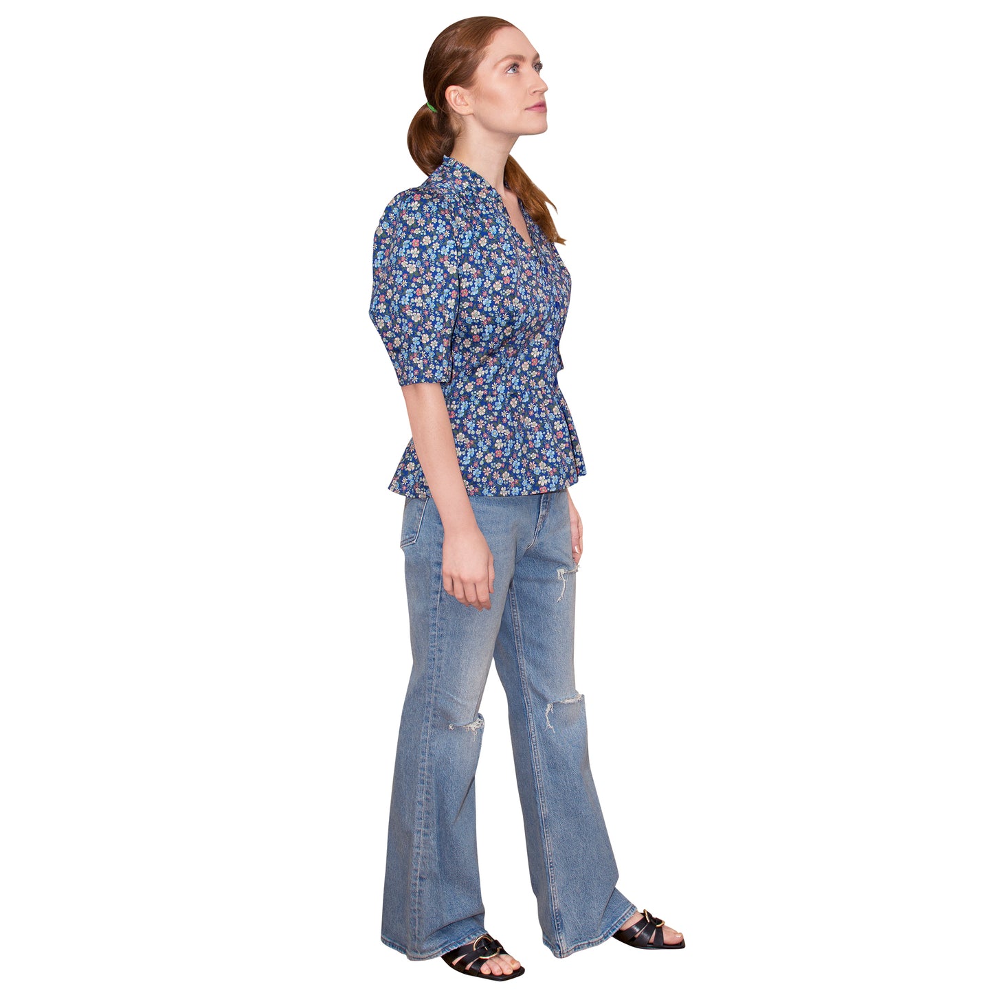 JNK HANNAH V-Neck Peplum Blouse - Navy Liberty Floral Print Poplin Sateen