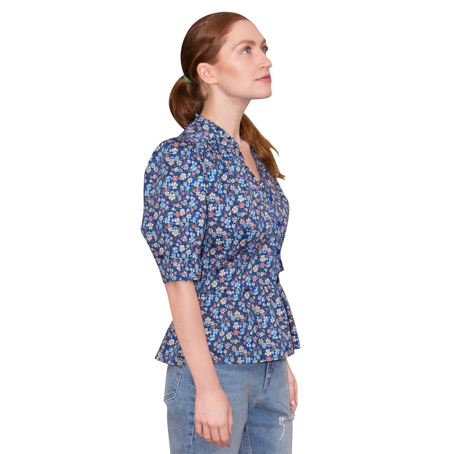 JNK HANNAH V-Neck Peplum Blouse - Navy Liberty Floral Print Poplin Sateen