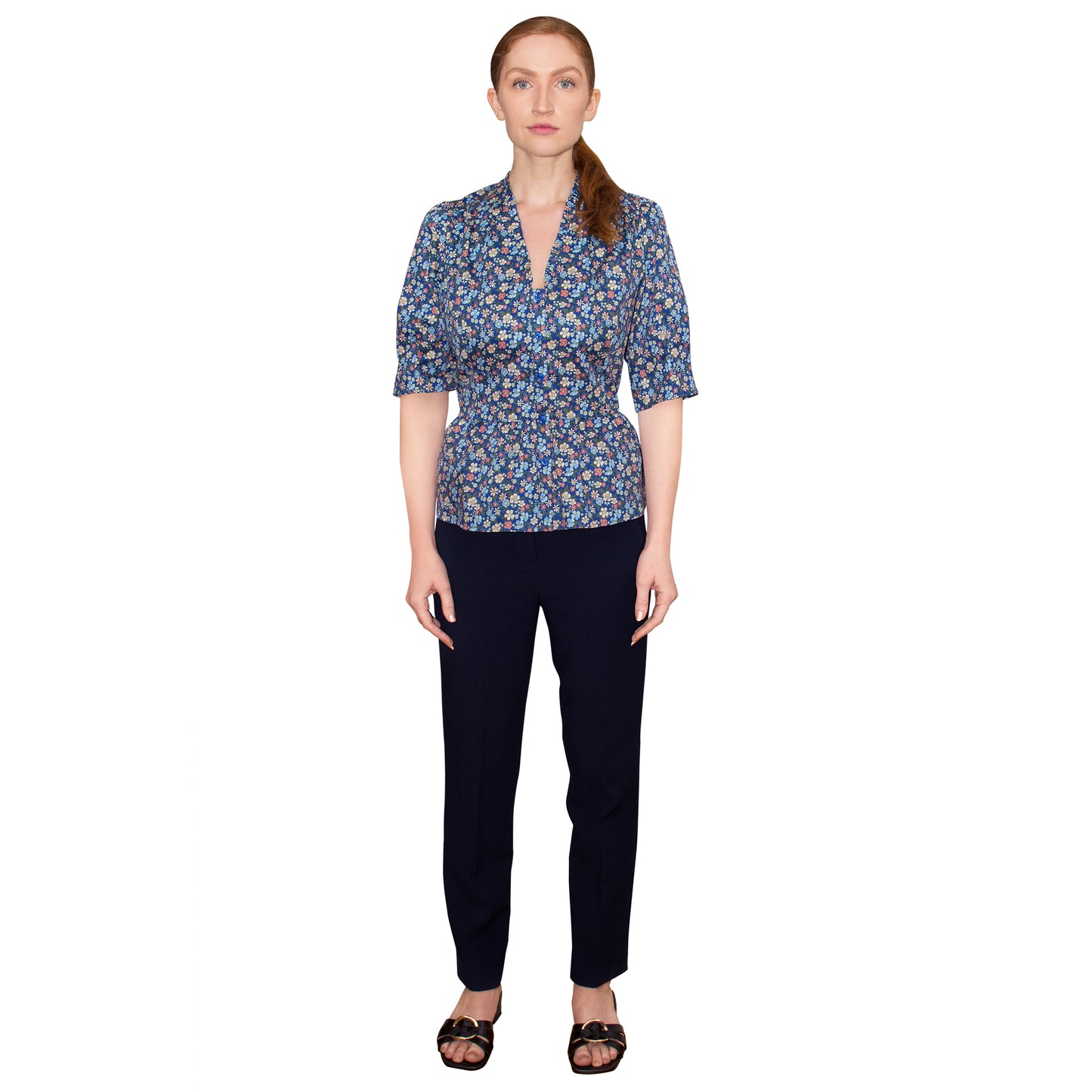 JNK HANNAH V-Neck Peplum Blouse - Navy Liberty Floral Print Poplin Sateen