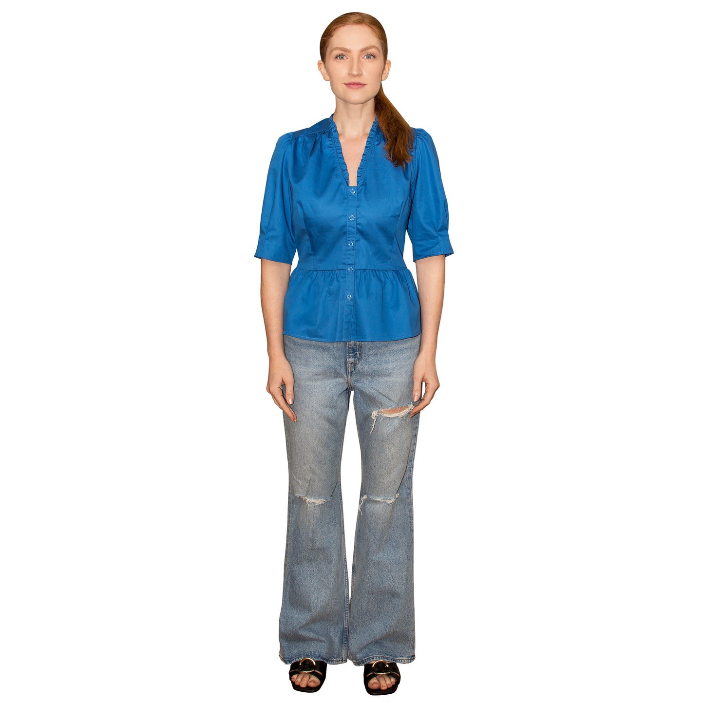 JNK HANNAH V-Neck Peplum Blouse - Sapphire Poplin Sateen