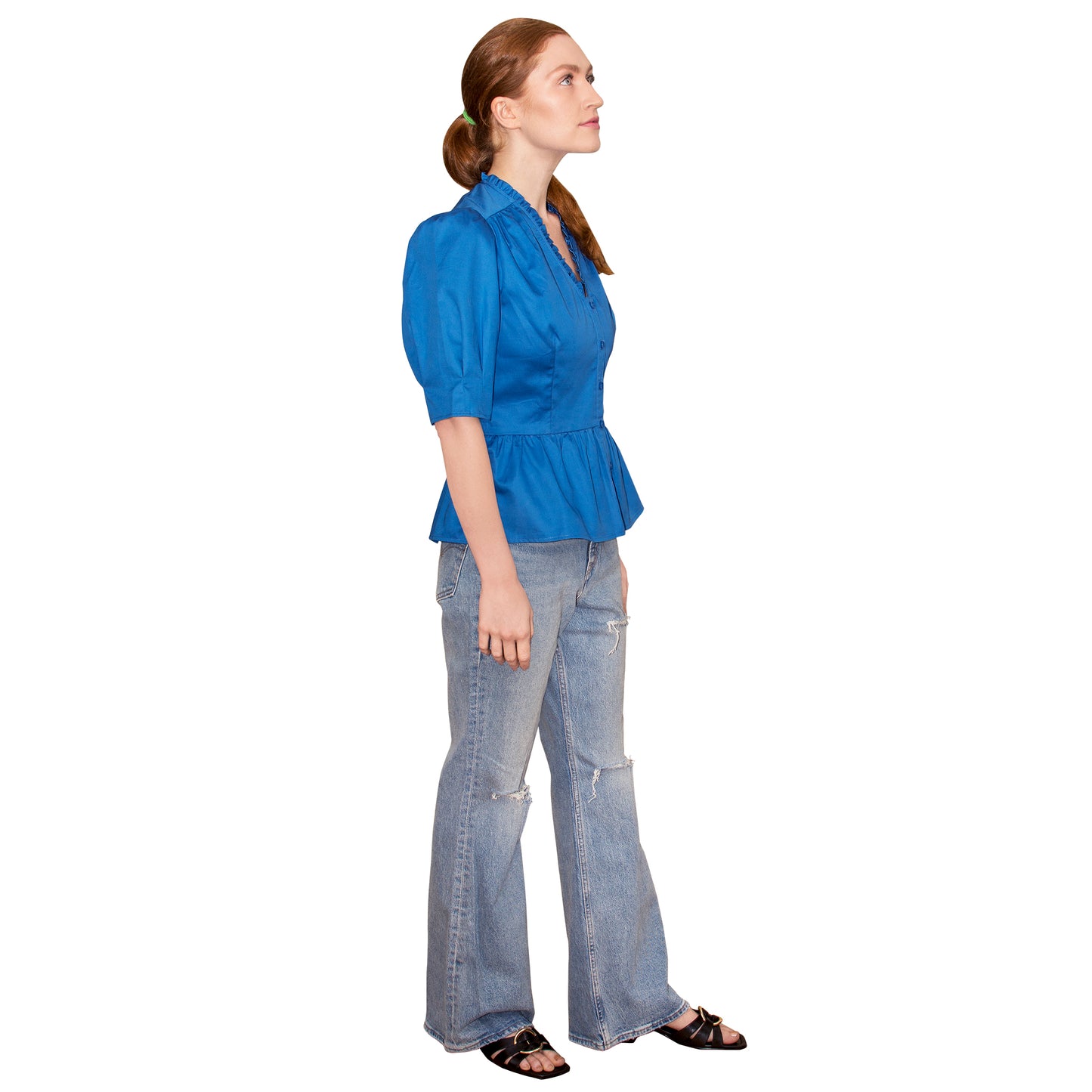 JNK HANNAH V-Neck Peplum Blouse - Sapphire Poplin Sateen
