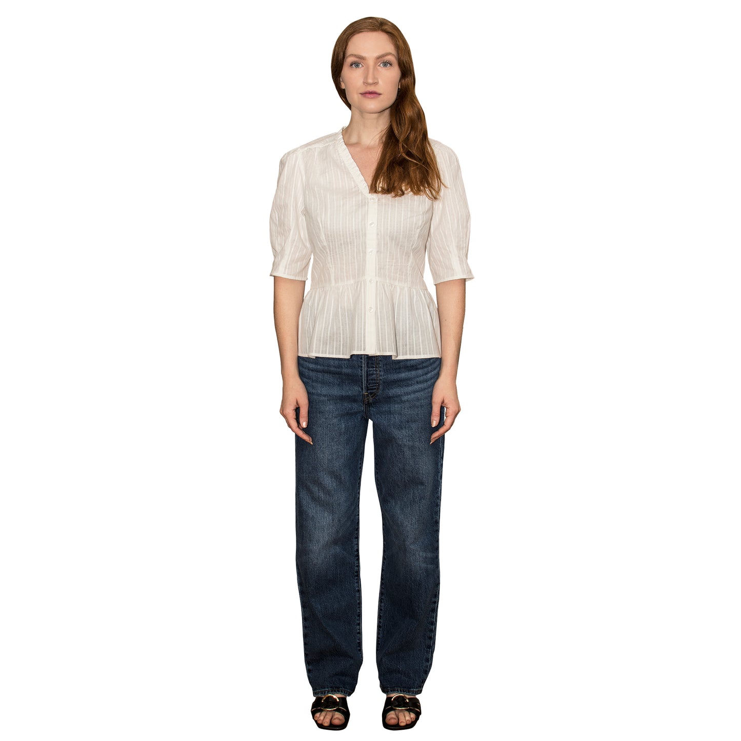 JNK HANNAH V-Neck Peplum Blouse - White Jacquard Stripe