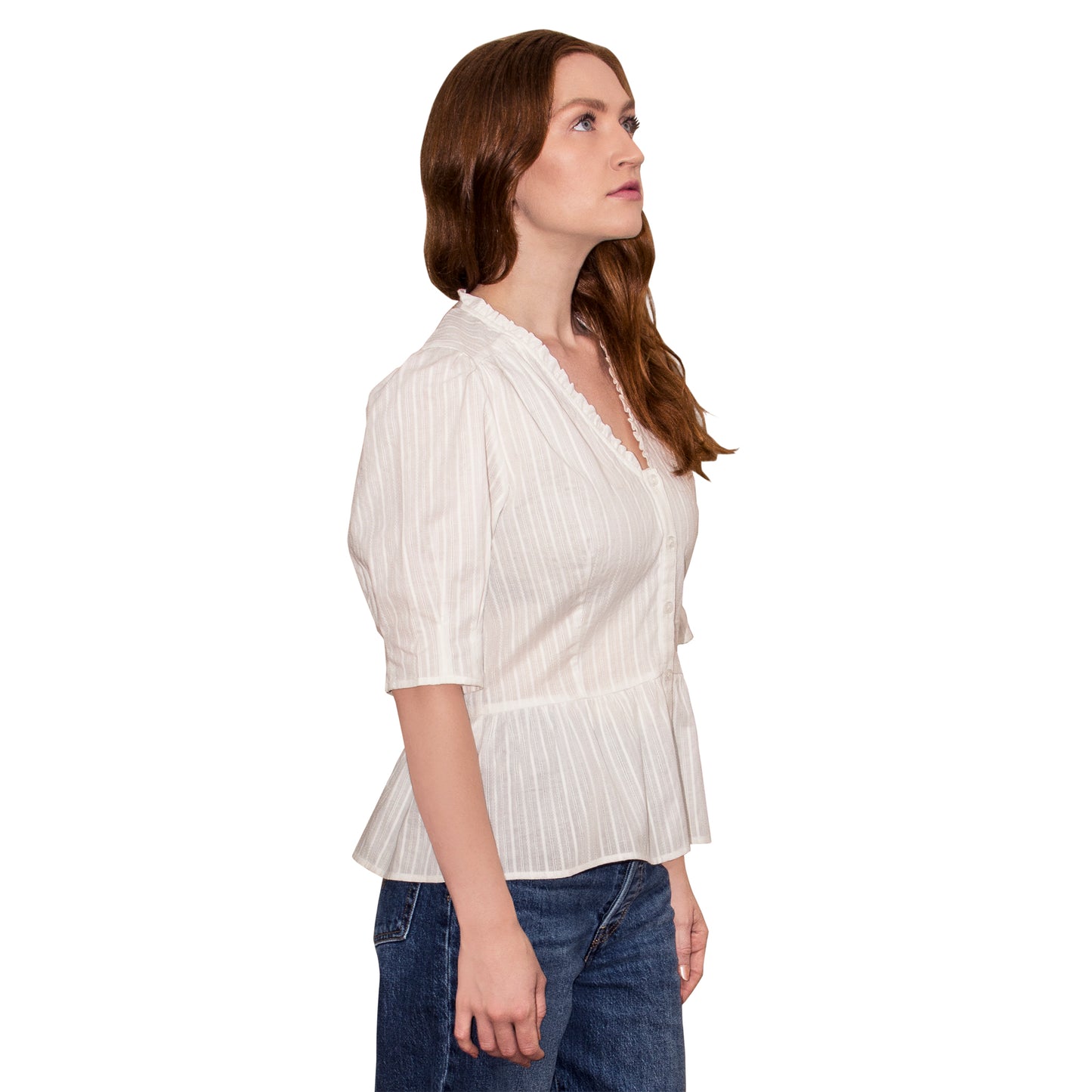 JNK HANNAH V-Neck Peplum Blouse - White Jacquard Stripe