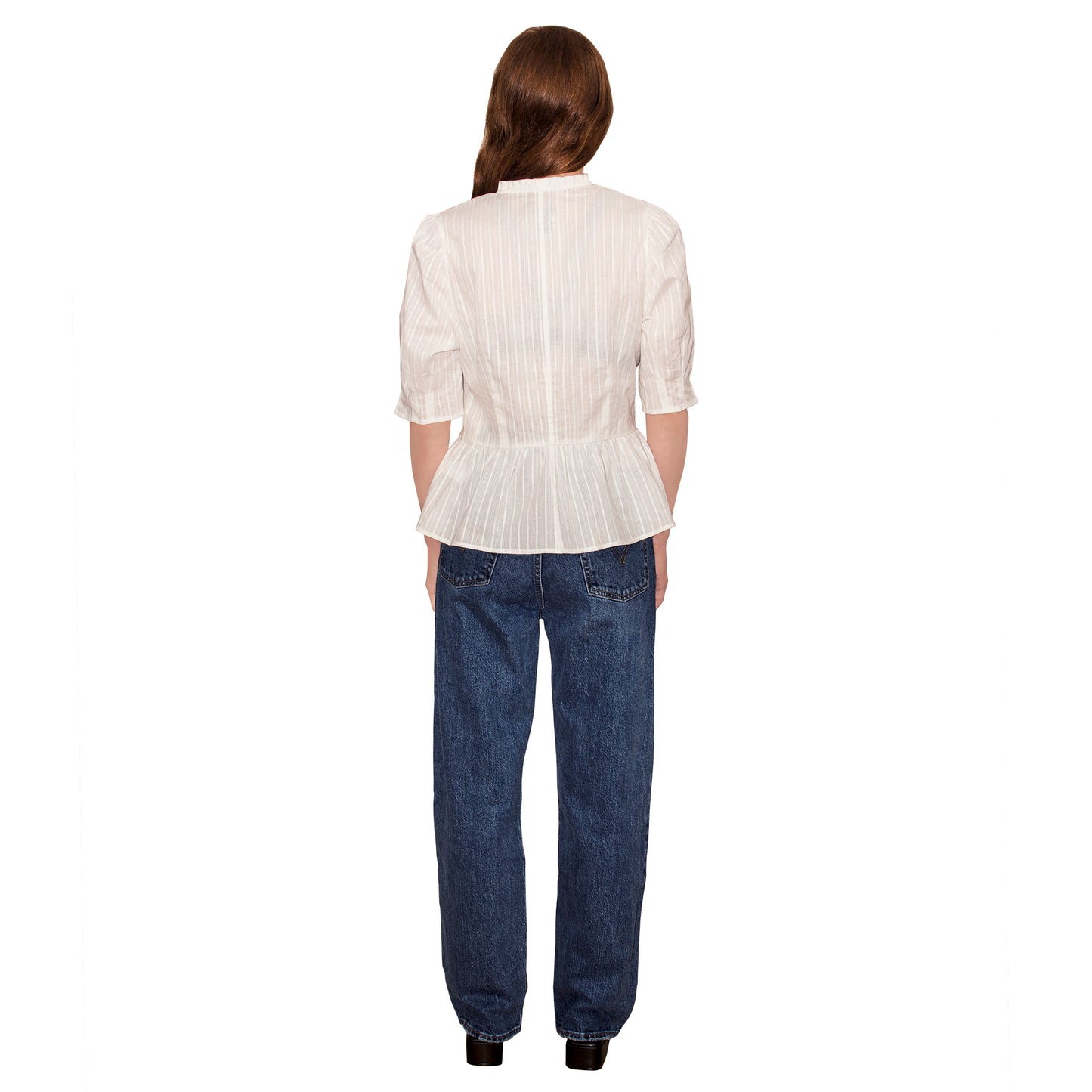 JNK HANNAH V-Neck Peplum Blouse - White Jacquard Stripe