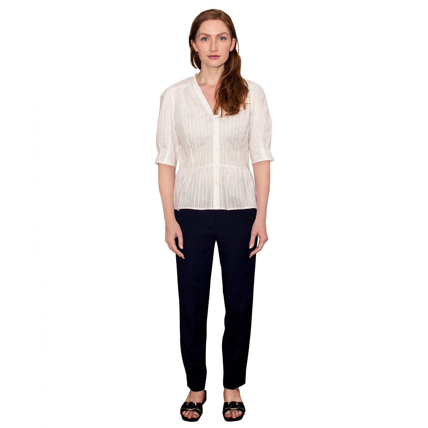 JNK HANNAH V-Neck Peplum Blouse - White Jacquard Stripe