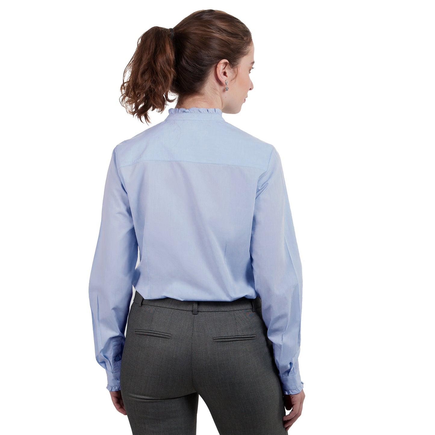 JNK LOUISE Fitted Long Sleeve Ruffled Edges Shirt - Solid Cool Blue Poplin