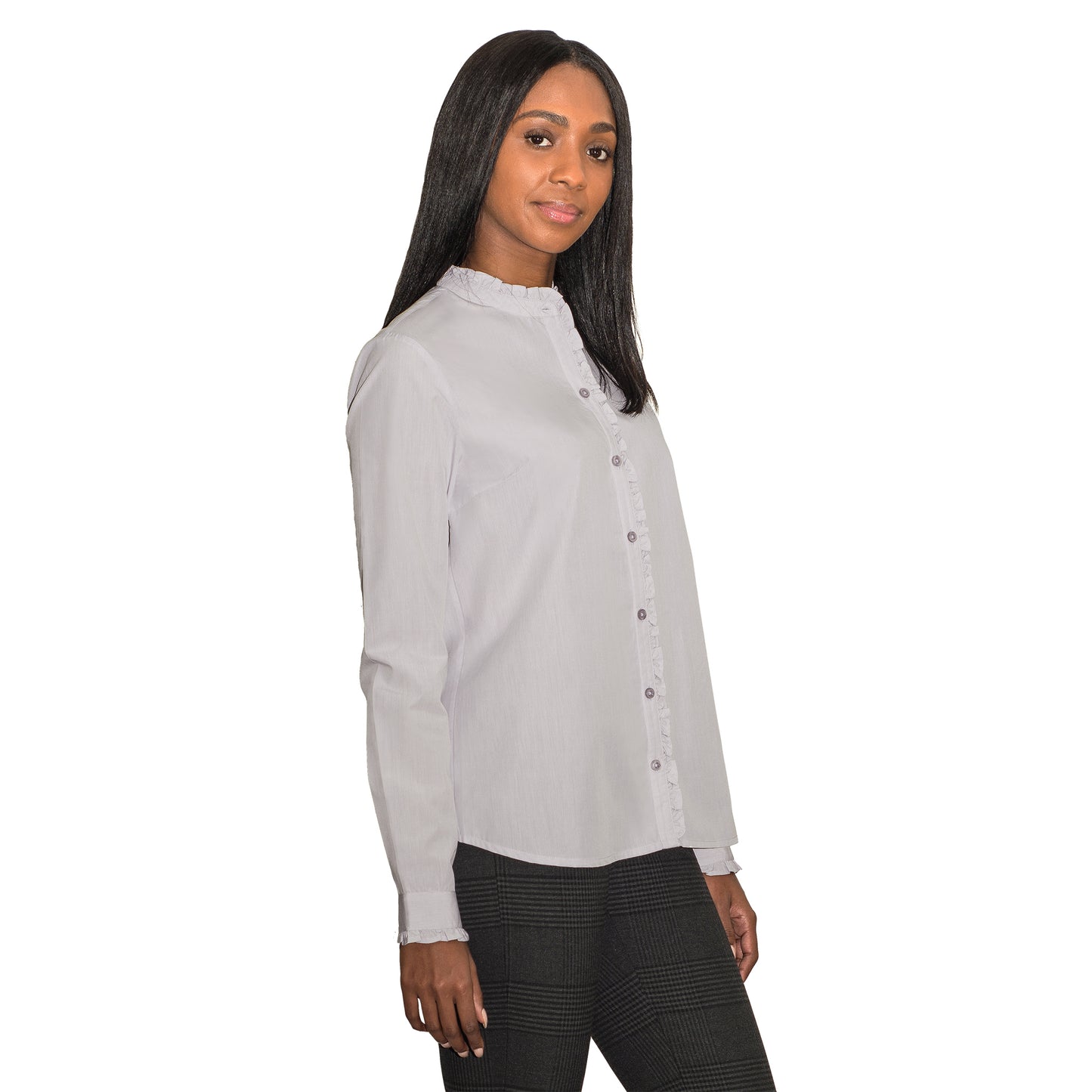 JNK LOUISE Fitted Long Sleeve Ruffled Edges Shirt - Solid Dove Gray Poplin