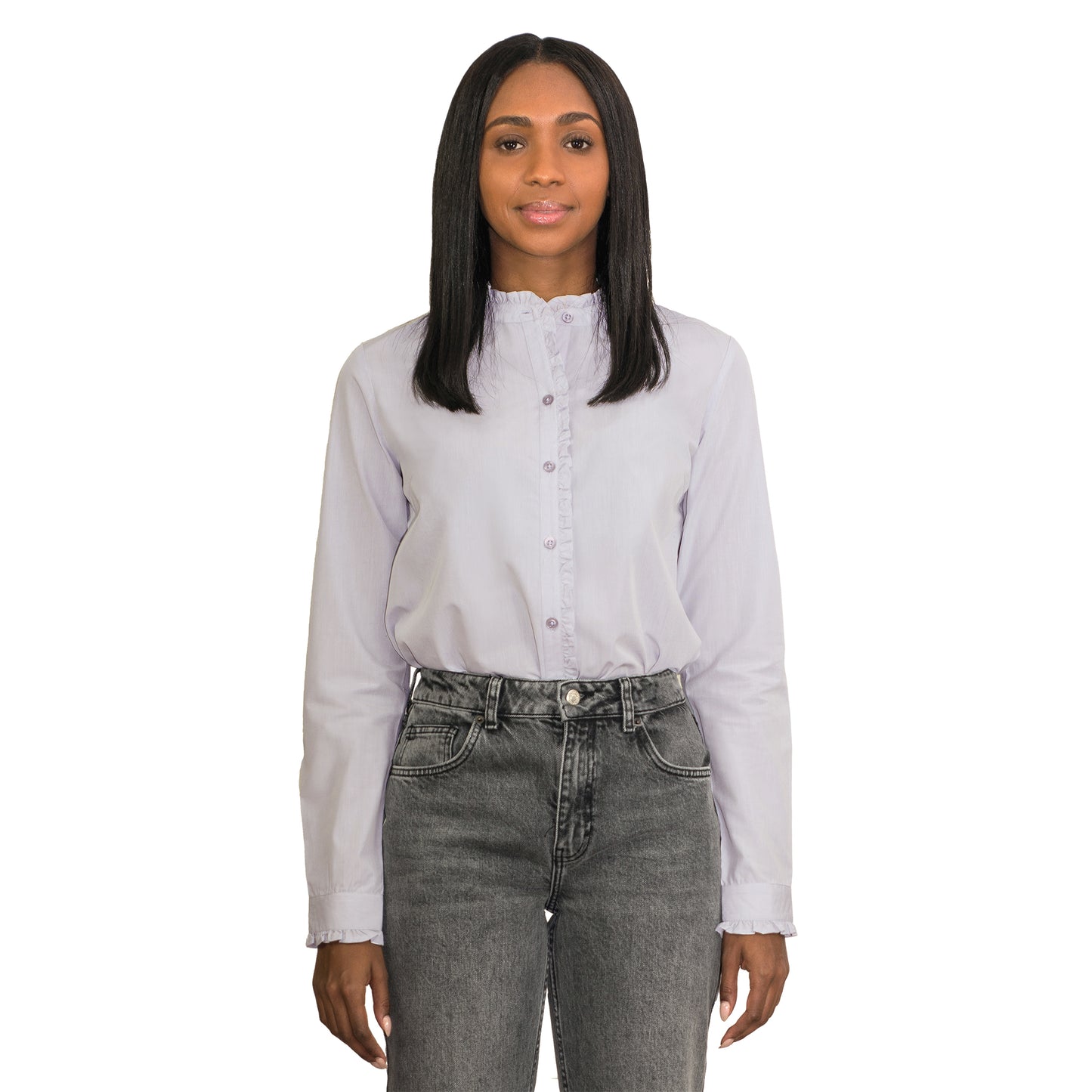 JNK LOUISE Fitted Long Sleeve Ruffled Edges Shirt - Solid Dove Gray Poplin