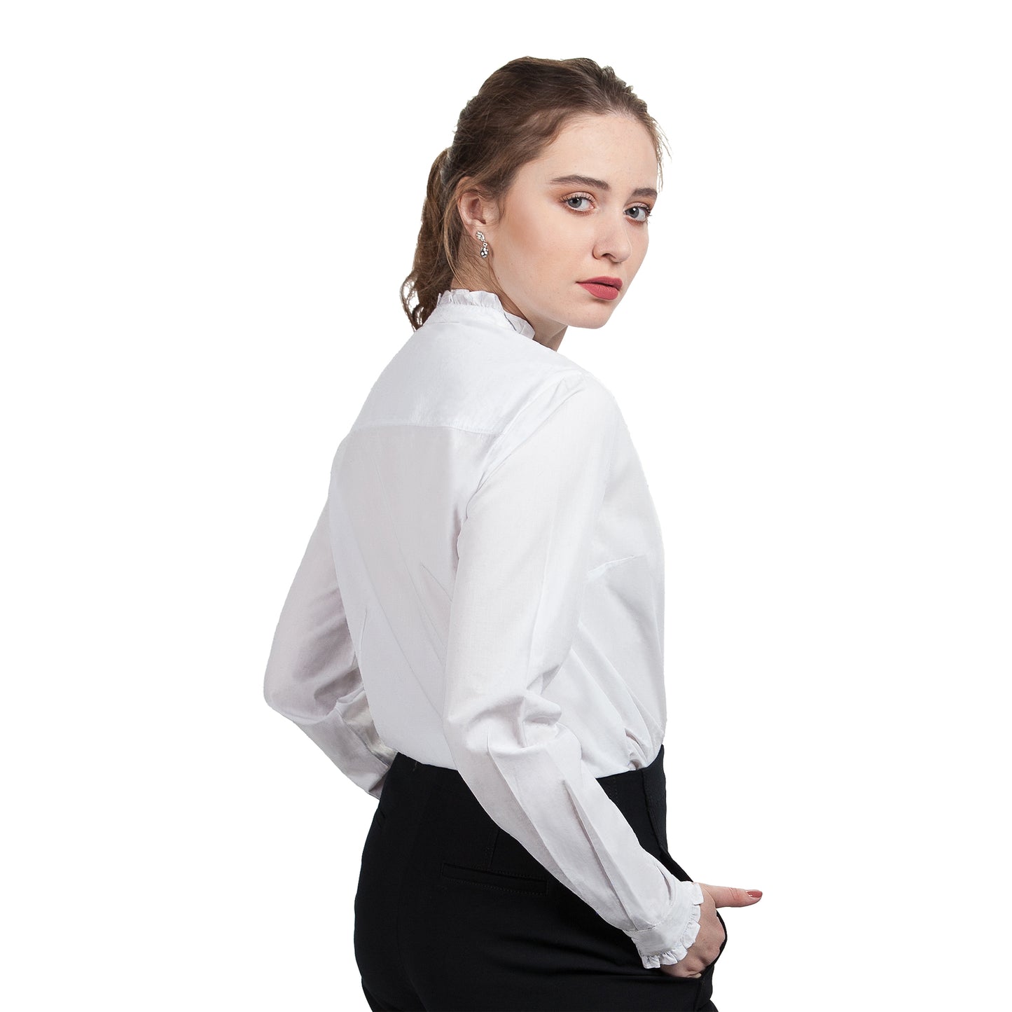 JNK LOUISE Fitted Long Sleeve Ruffled Edges Shirt - Solid White Poplin