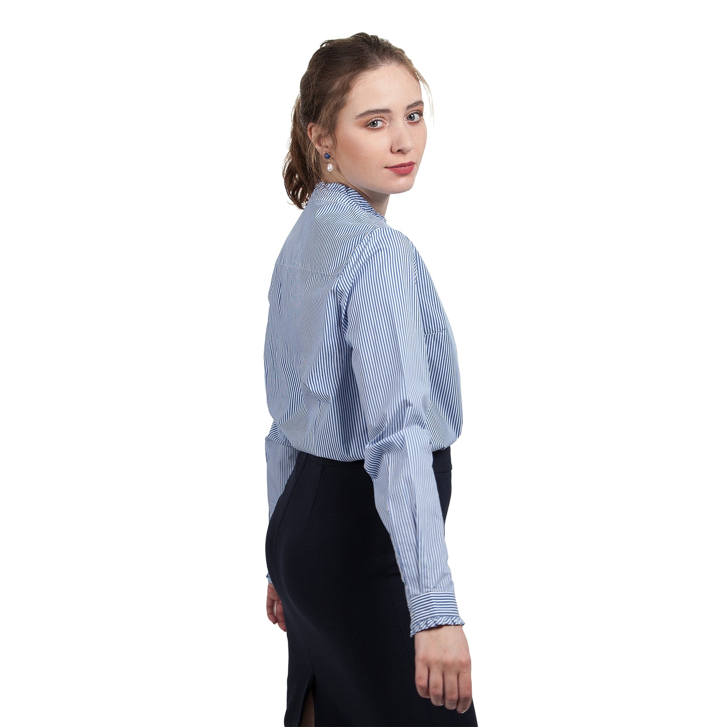 JNK LOUISE Ruffled Edges Shirt - Cobalt Stripe Poplin