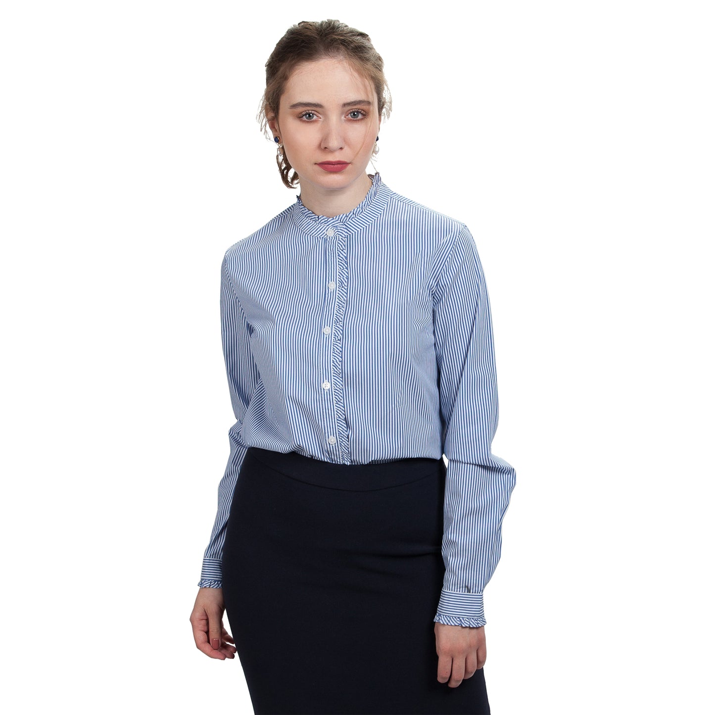 JNK LOUISE Ruffled Edges Shirt - Cobalt Stripe Poplin