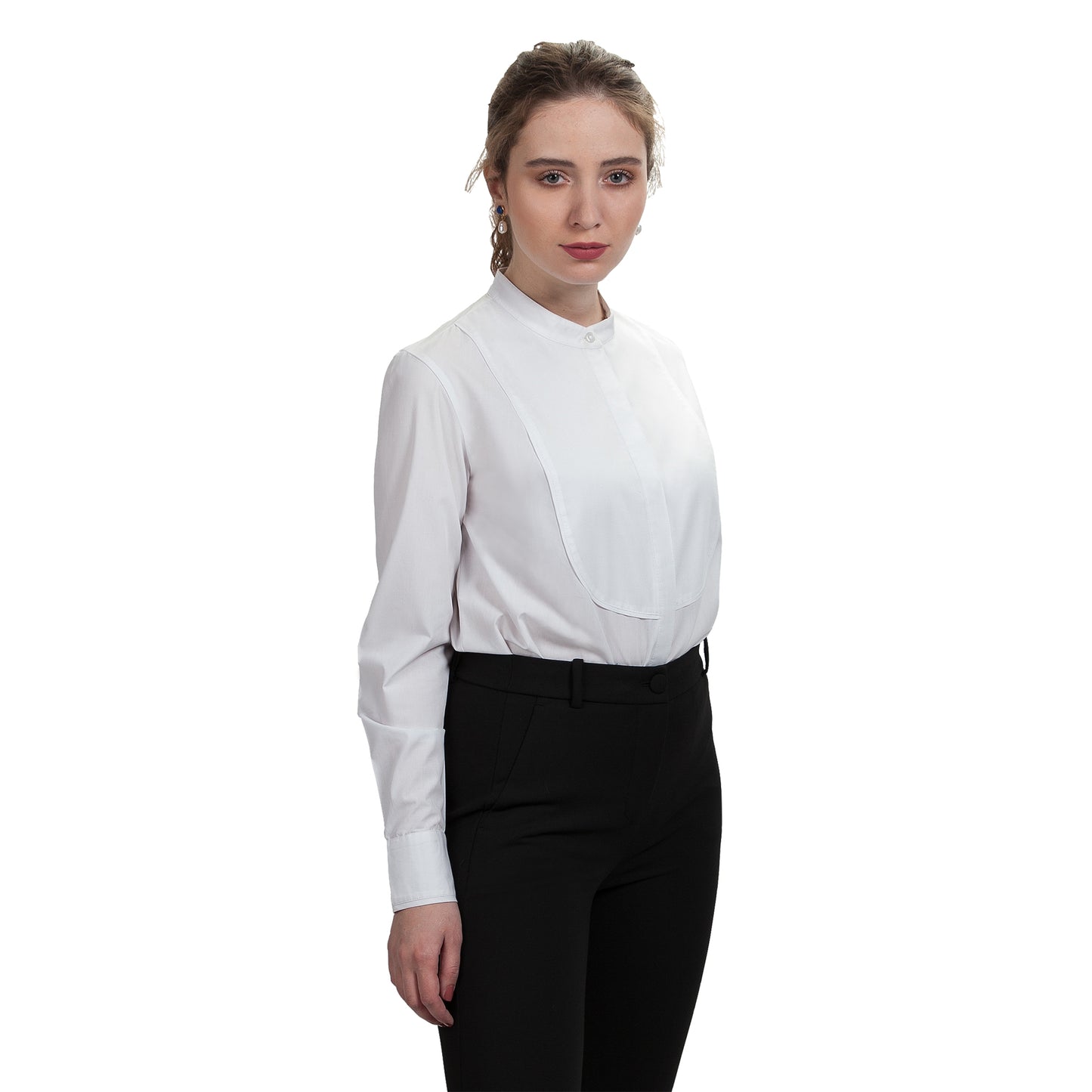 JNK BRONTE Banded Collar Tuxedo Shirt - Solid White Poplin