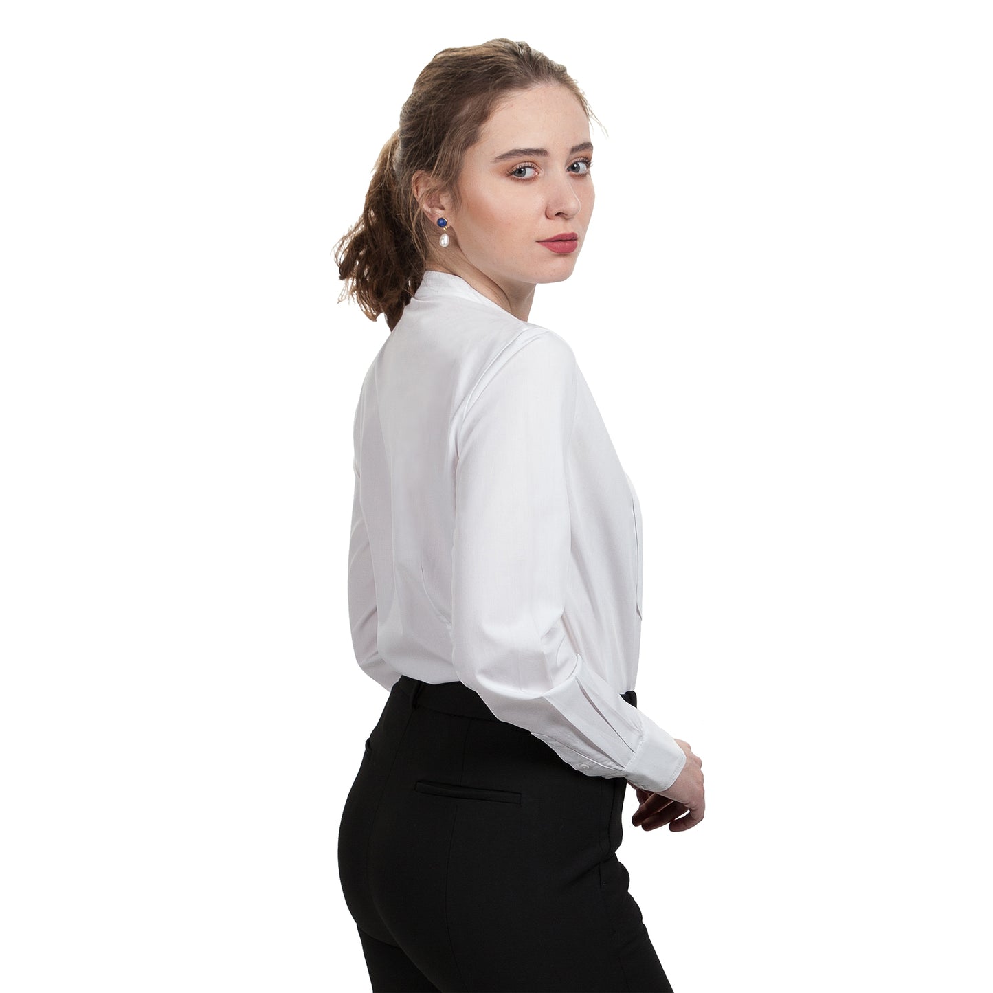 JNK BRONTE Banded Collar Tuxedo Shirt - Solid White Poplin