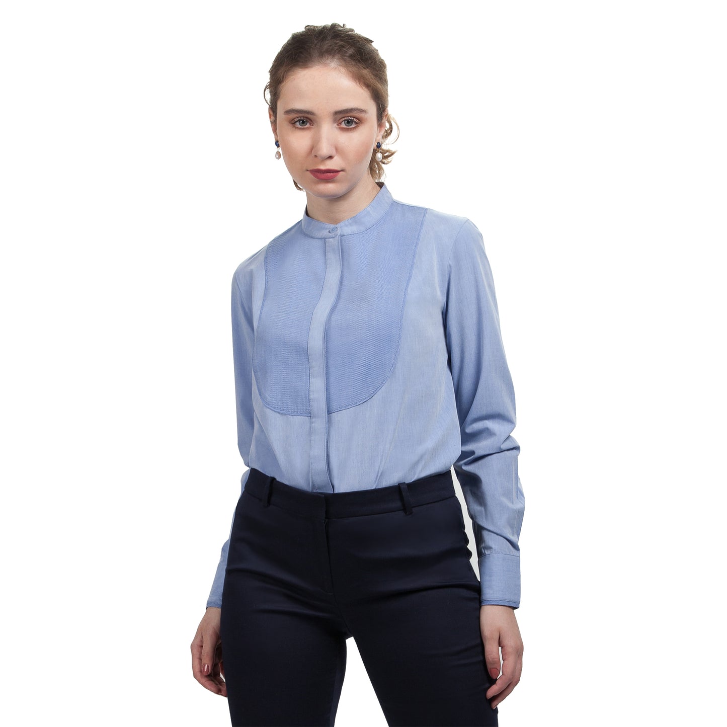JNK BRONTE Banded Collar Tuxedo Shirt - Cobalt Stripe Poplin