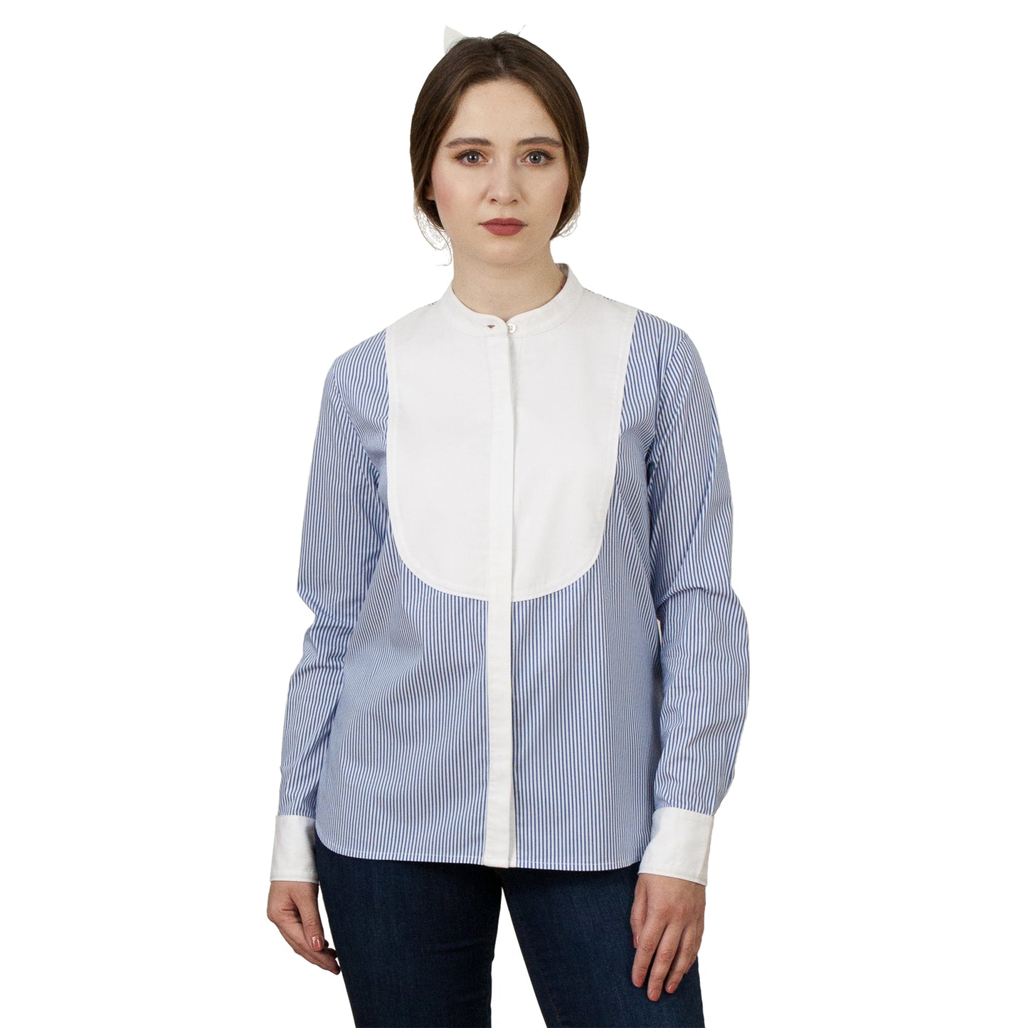 JNK BRONTE Banded Collar Tuxedo Shirt - Cobalt Stripe Poplin