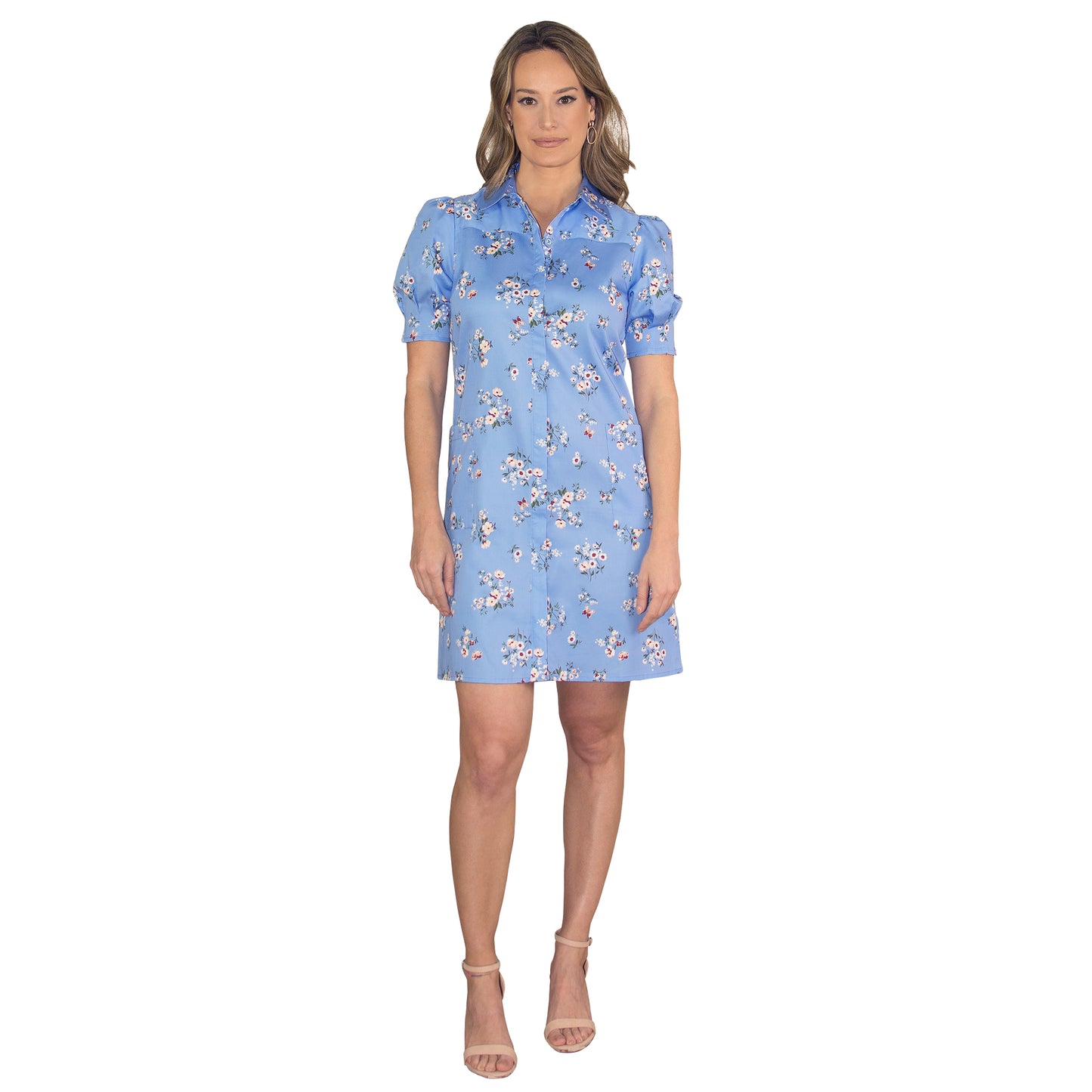 JNK MORGAN Belted Shirtdress with Yoke - Blue Floral Sateen Poplin