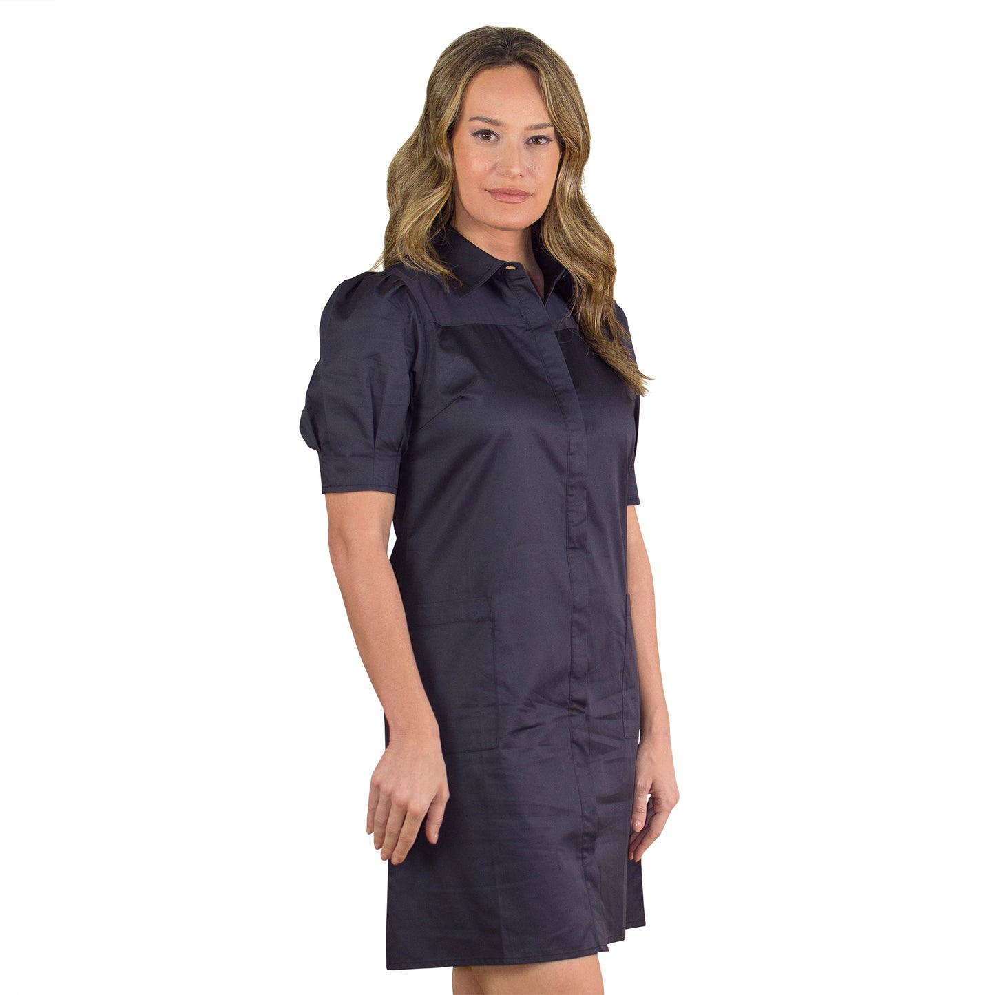 JNK MORGAN Belted Shirtdress with Yoke - Black Sateen Poplin