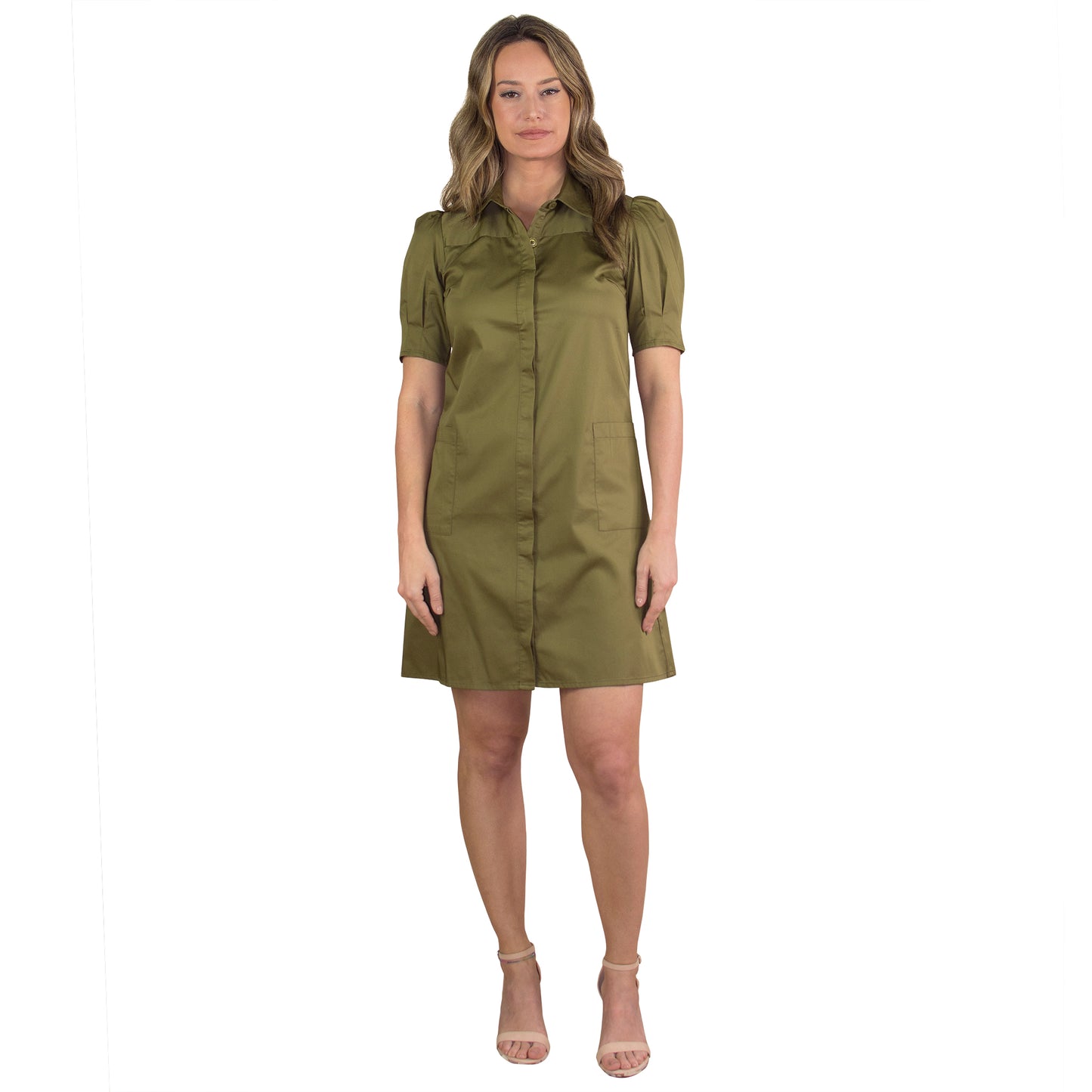 JNK MORGAN Belted Shirtdress with Yoke - Olive Sateen Poplin